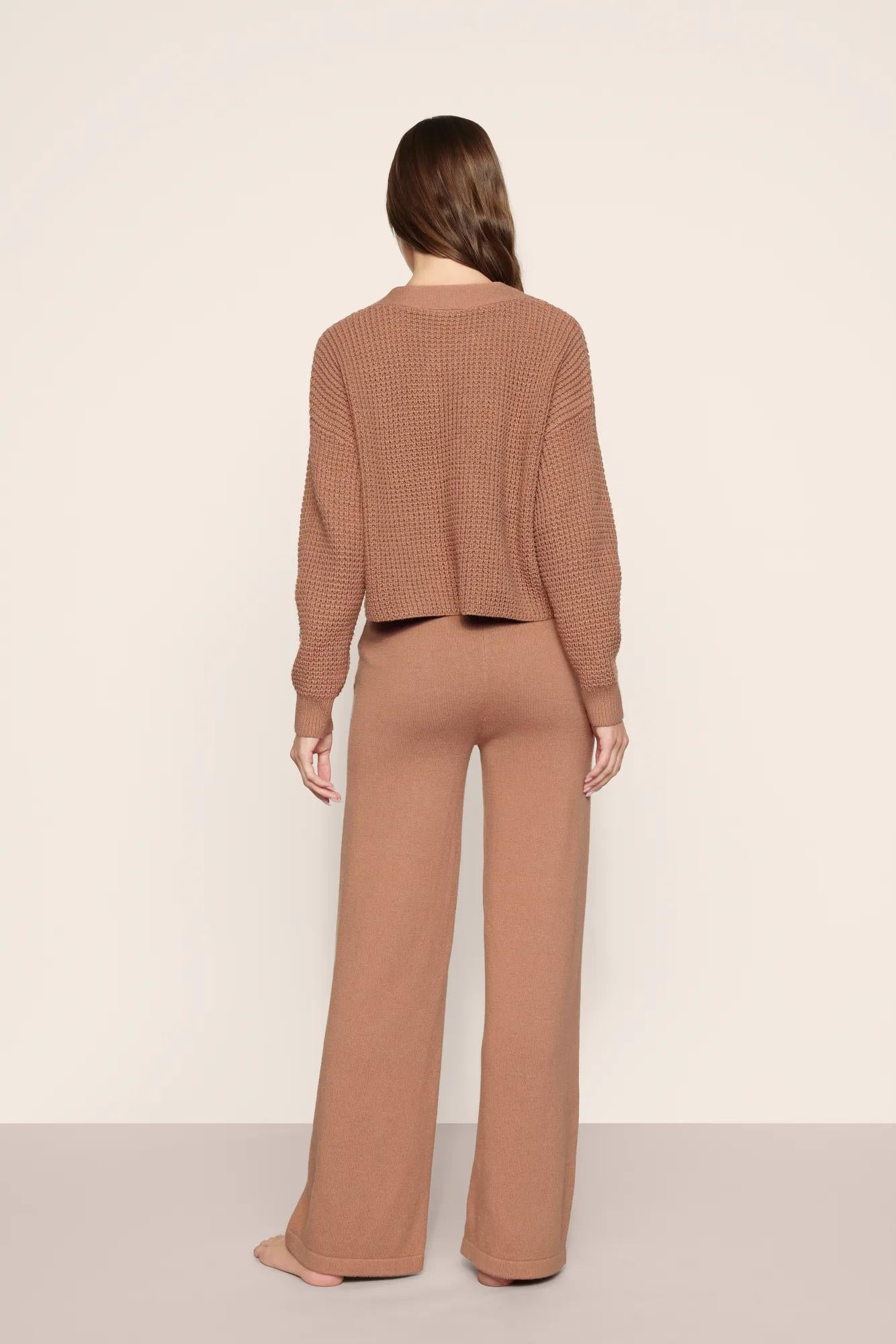 Model is wearing Recycled Sweater Cropped Cardigan  in  Hazelnut