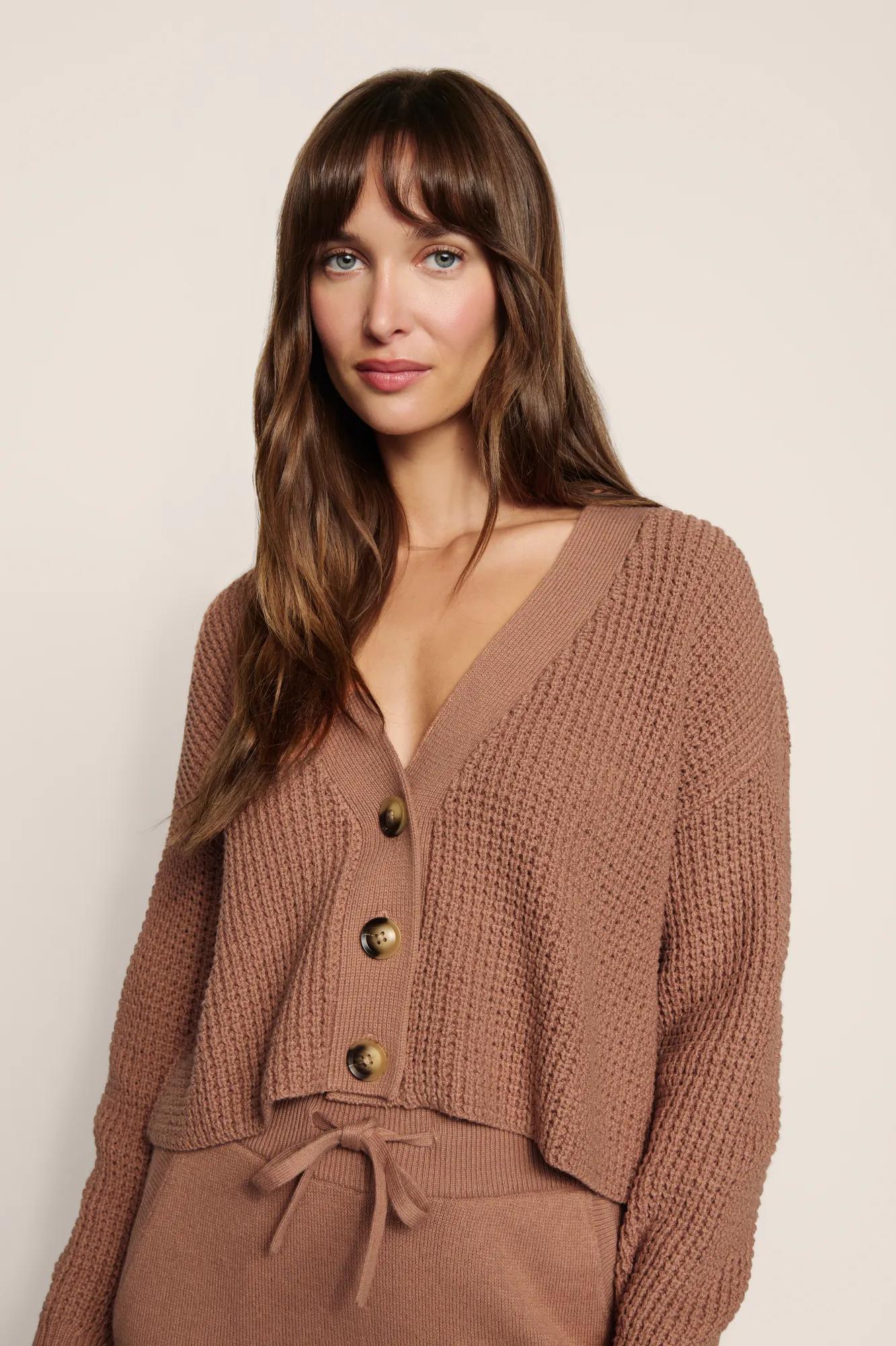 Model is wearing Recycled Sweater Cropped Cardigan  in  Hazelnut