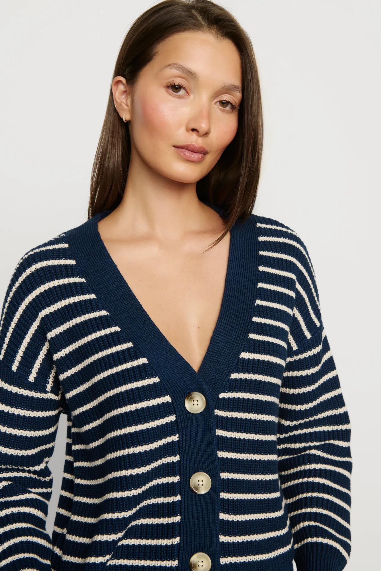 Model is wearing Coastal Cotton Sweater Cardi in Stripe Navy/Almond Heather