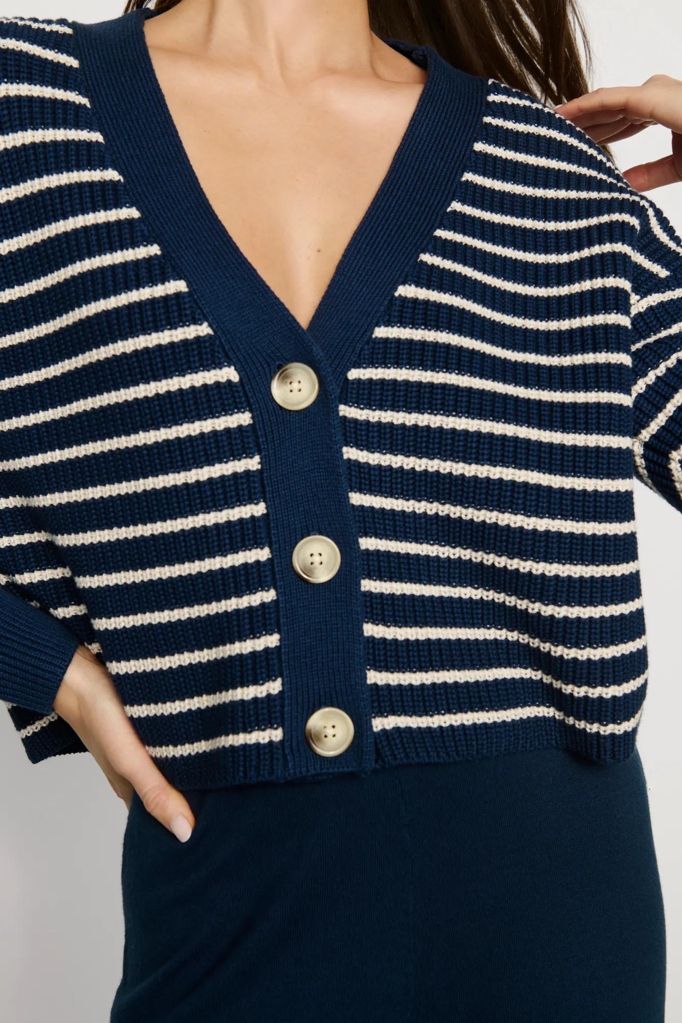 Model is wearing Coastal Cotton Sweater Cardi in Stripe Navy/Almond Heather