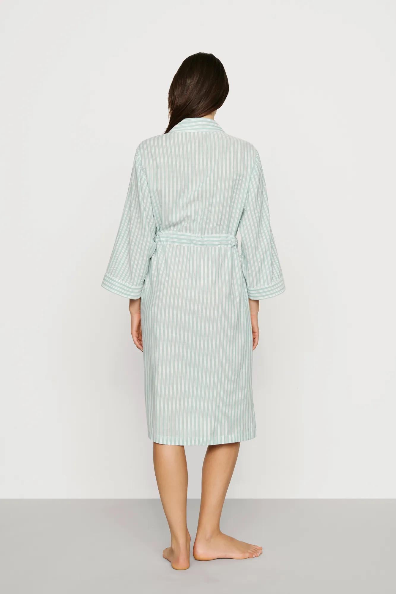 Model is wearing Nautico Midi Robe in Regatta Stripe Seagrass/White