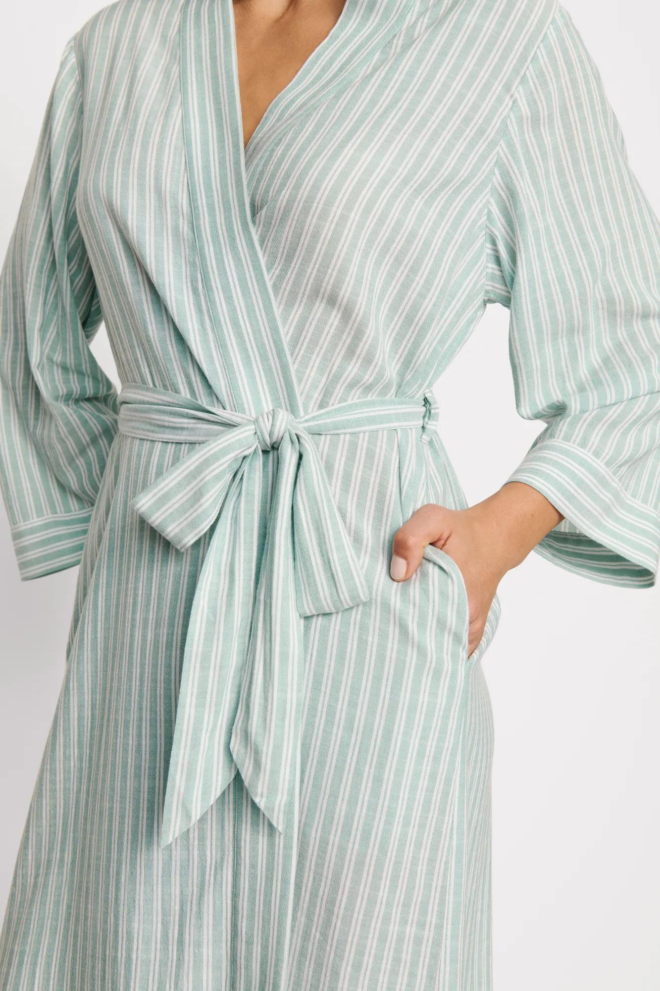 Model is wearing Nautico Midi Robe in Regatta Stripe Seagrass/White