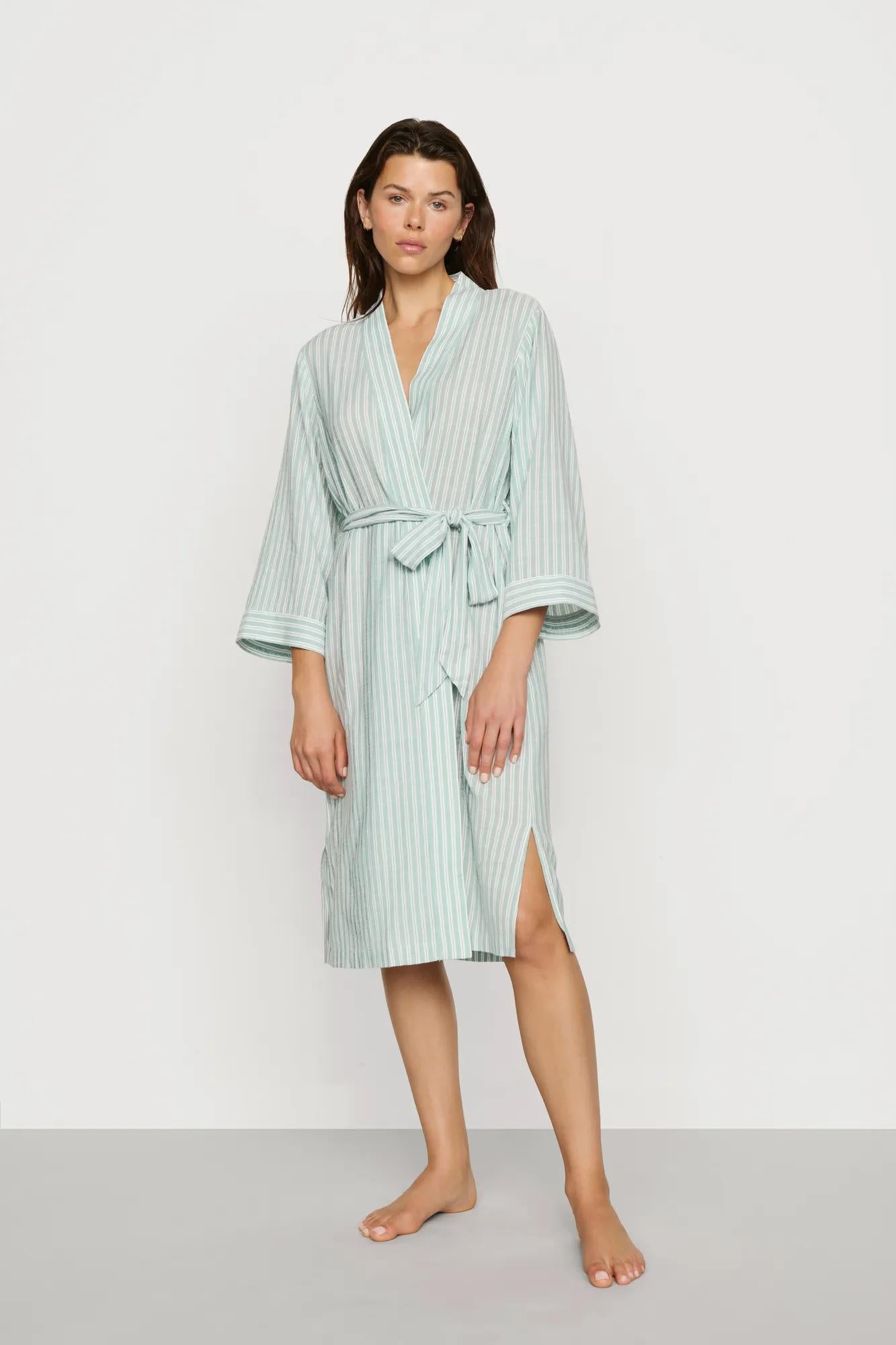Model is wearing Nautico Midi Robe in Regatta Stripe Seagrass/White