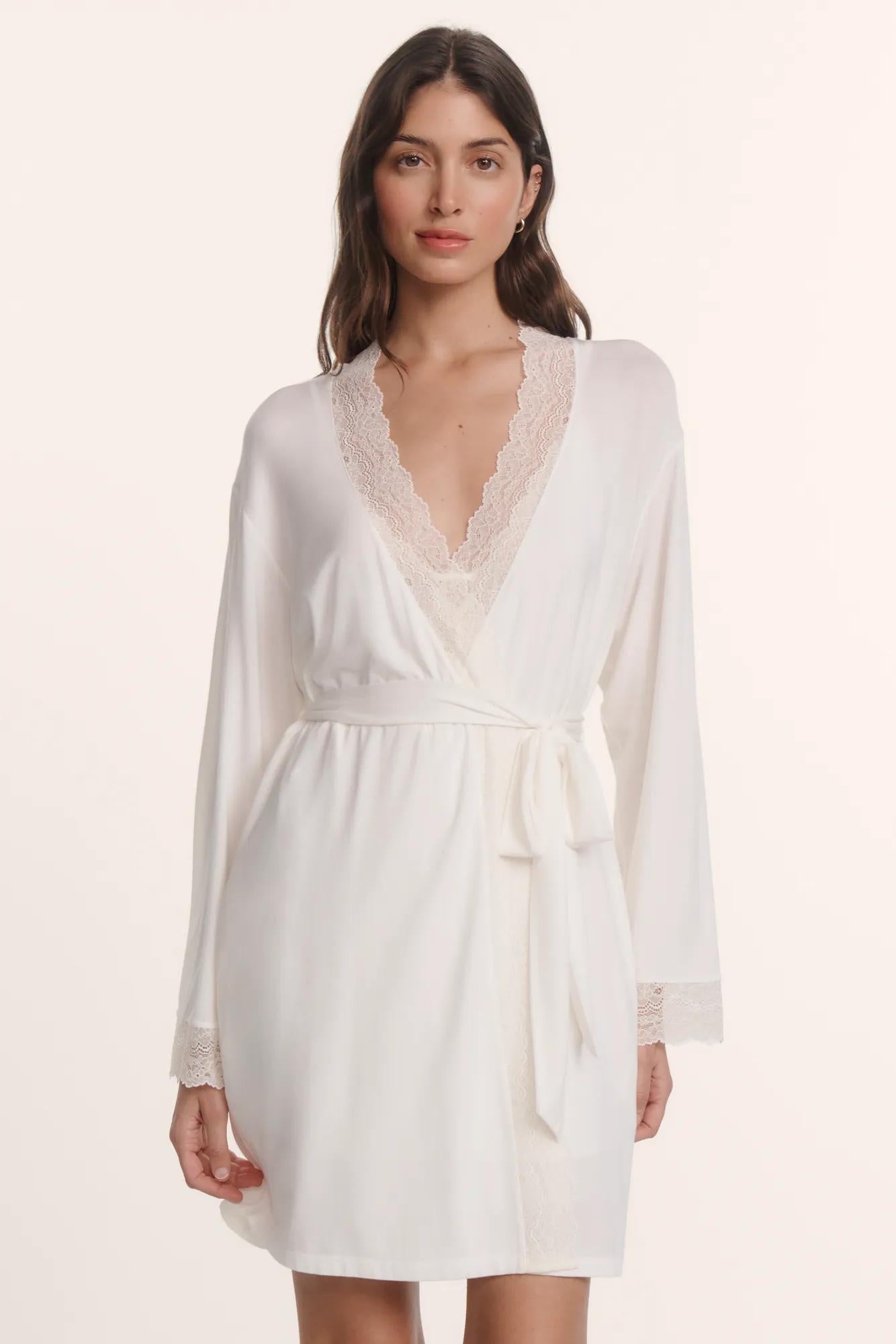 Model is wearing Lara TENCEL™ Modal Short Robe in Ivory