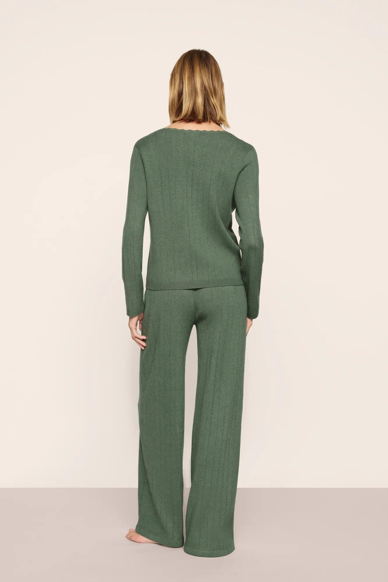 Model is wearing Pointelle Sweater Cardigan  in  Desert Sage