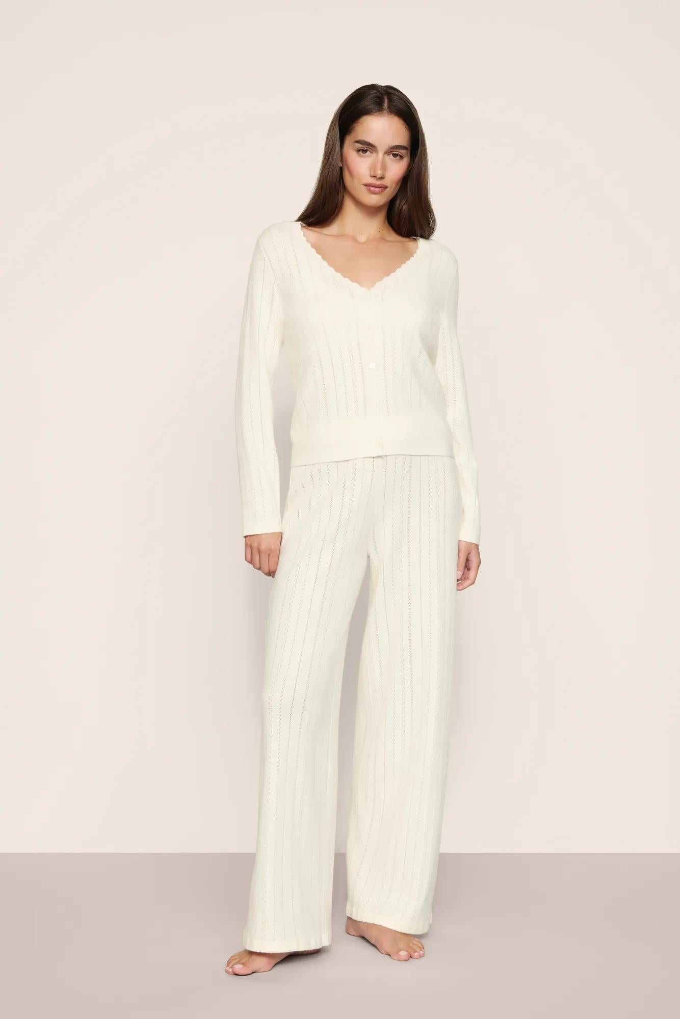 Model is wearing Pointelle Sweater Cardigan  in  Ivory