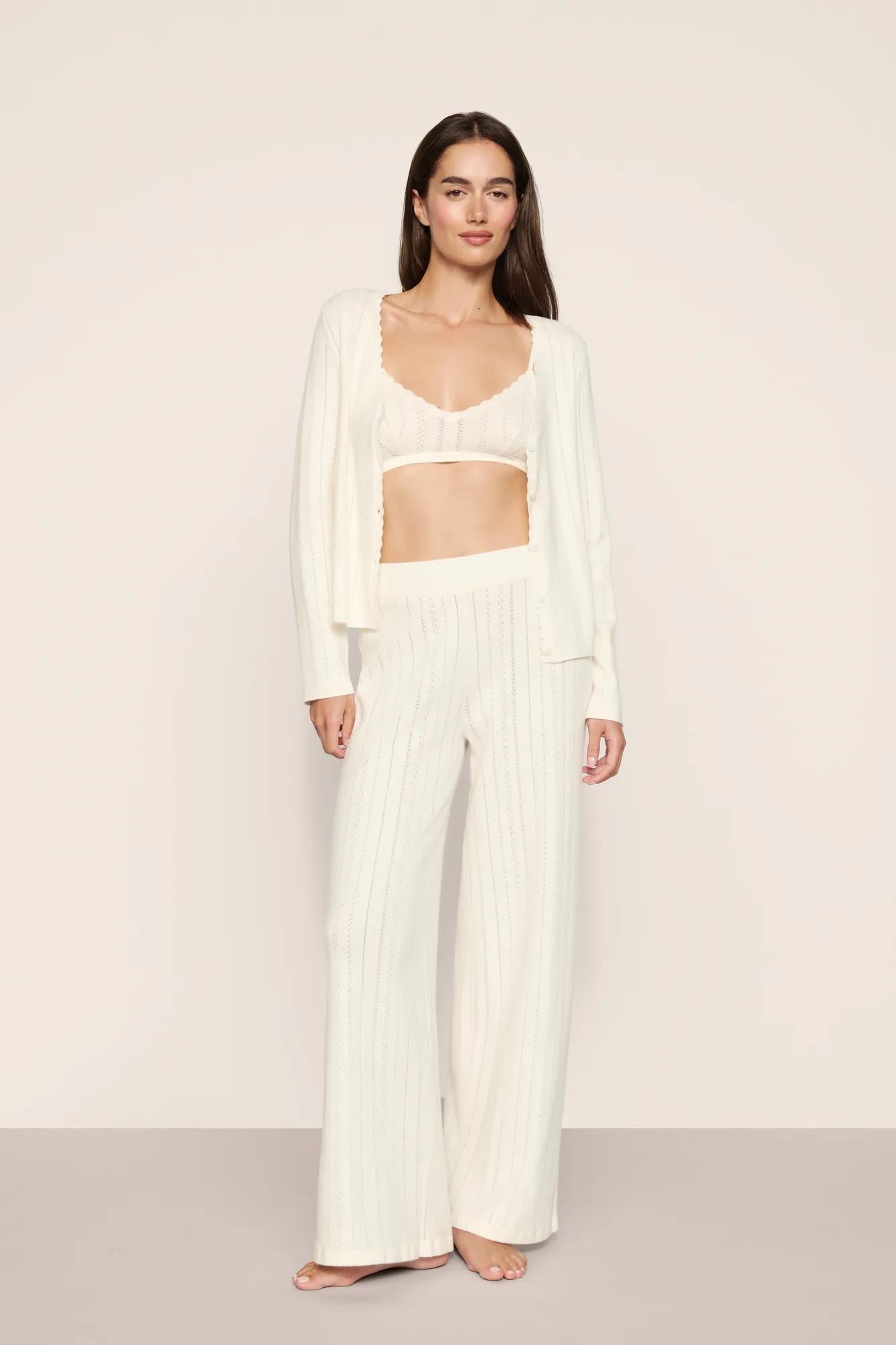 Model is wearing Pointelle Sweater Cardigan  in  Ivory