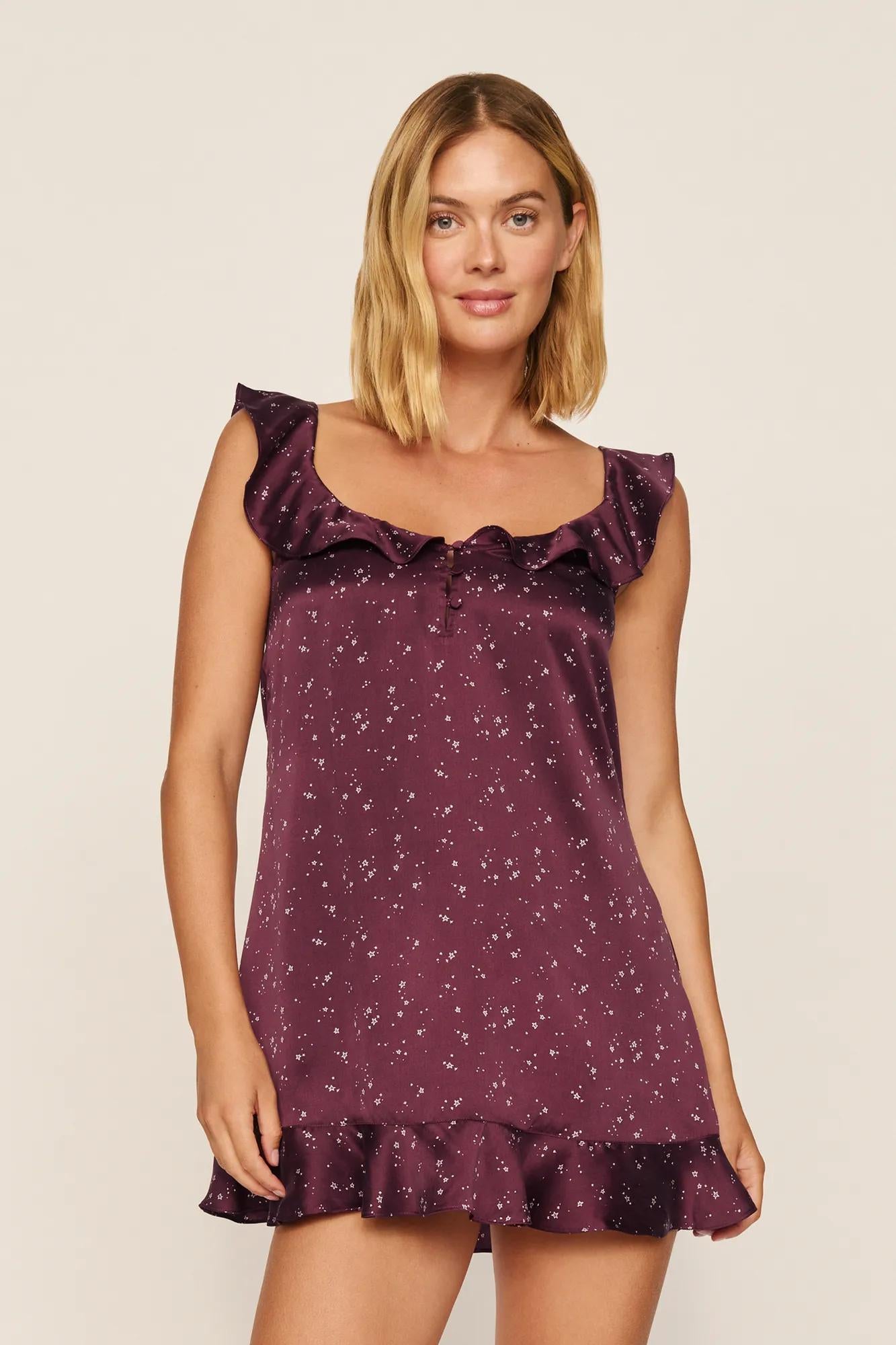 Model is wearing Washable Silk Printed Ruffle Babydoll in Starlight Wildberry