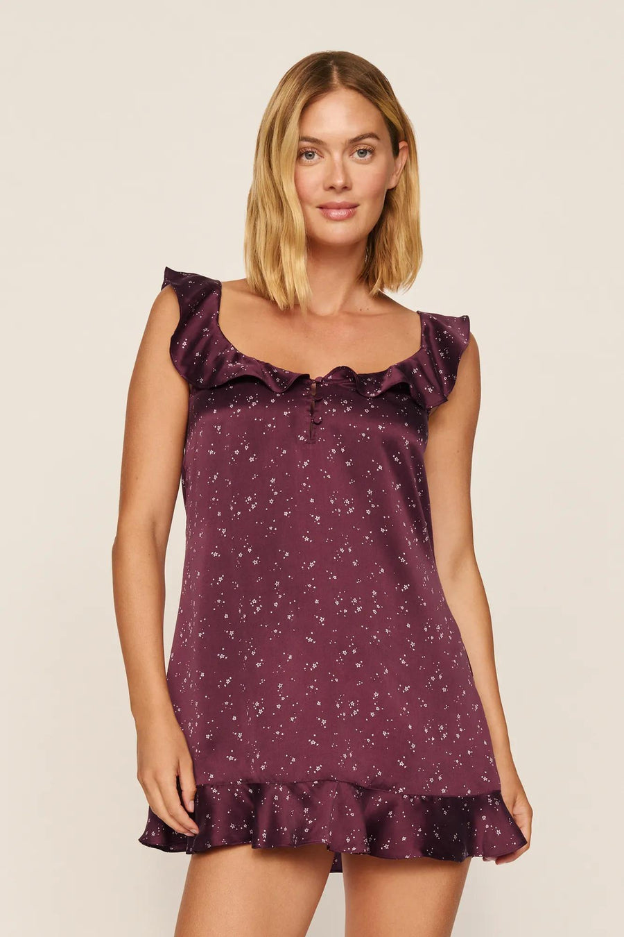 Washable Silk Printed Ruffle Babydoll in Starlight Wildberry