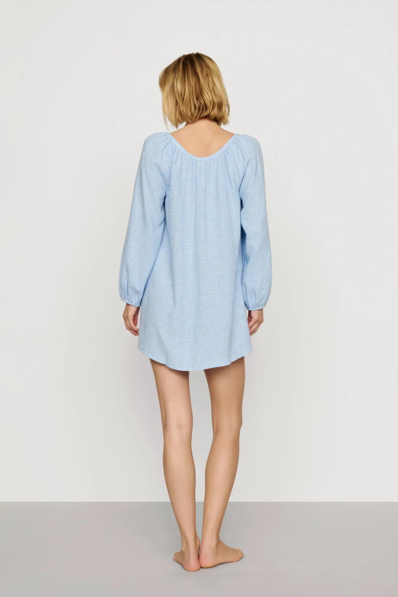 Model is wearing Linen Blend Short Dress in Gingham White/Summer Blue