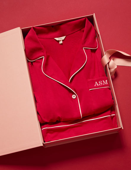 Haute Red Gisele Long Pajama in a Rose Cloud Colored Box.
