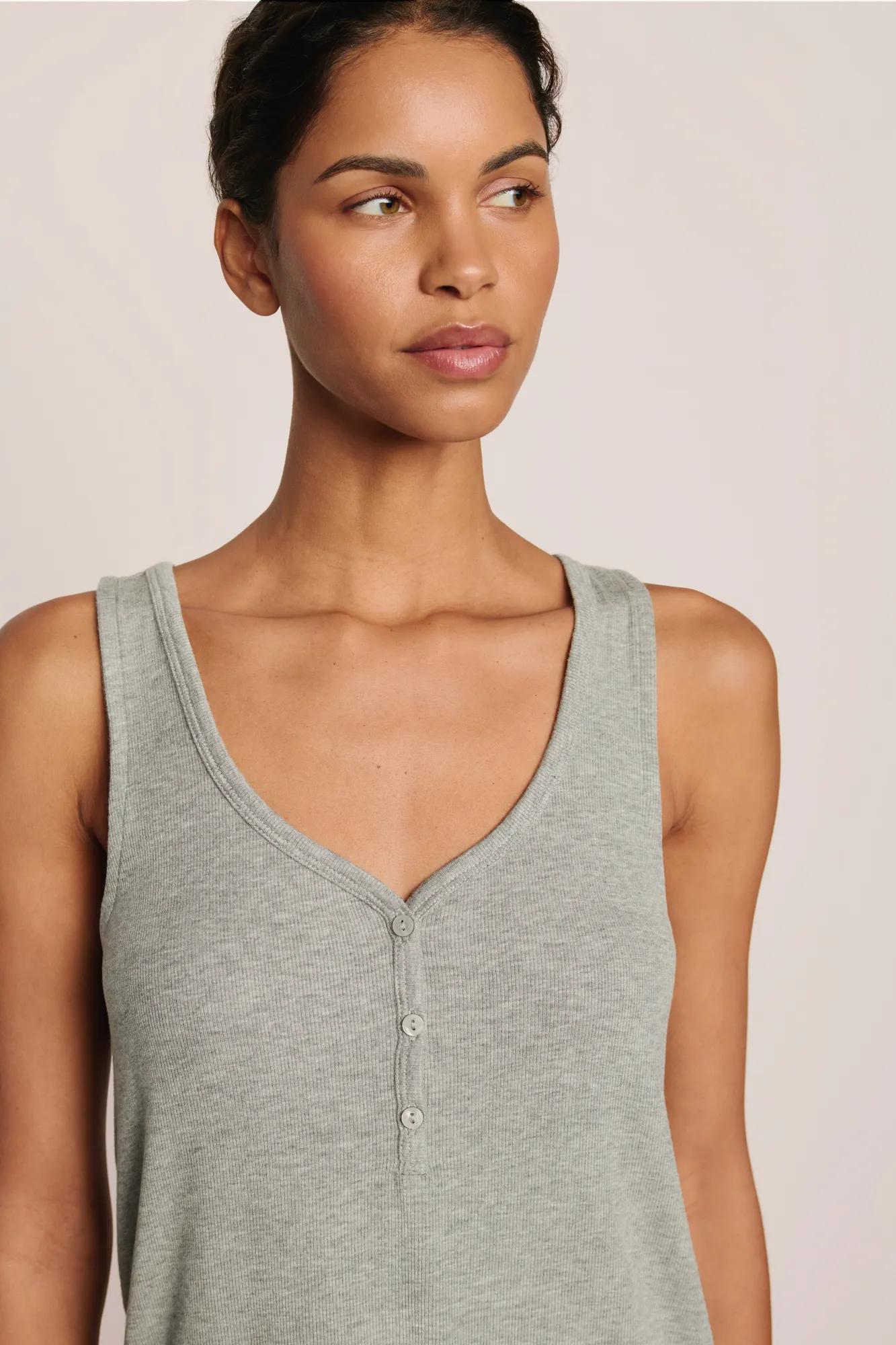 Model is wearing Dream Rib V Neck Tank in Dark Heather Grey