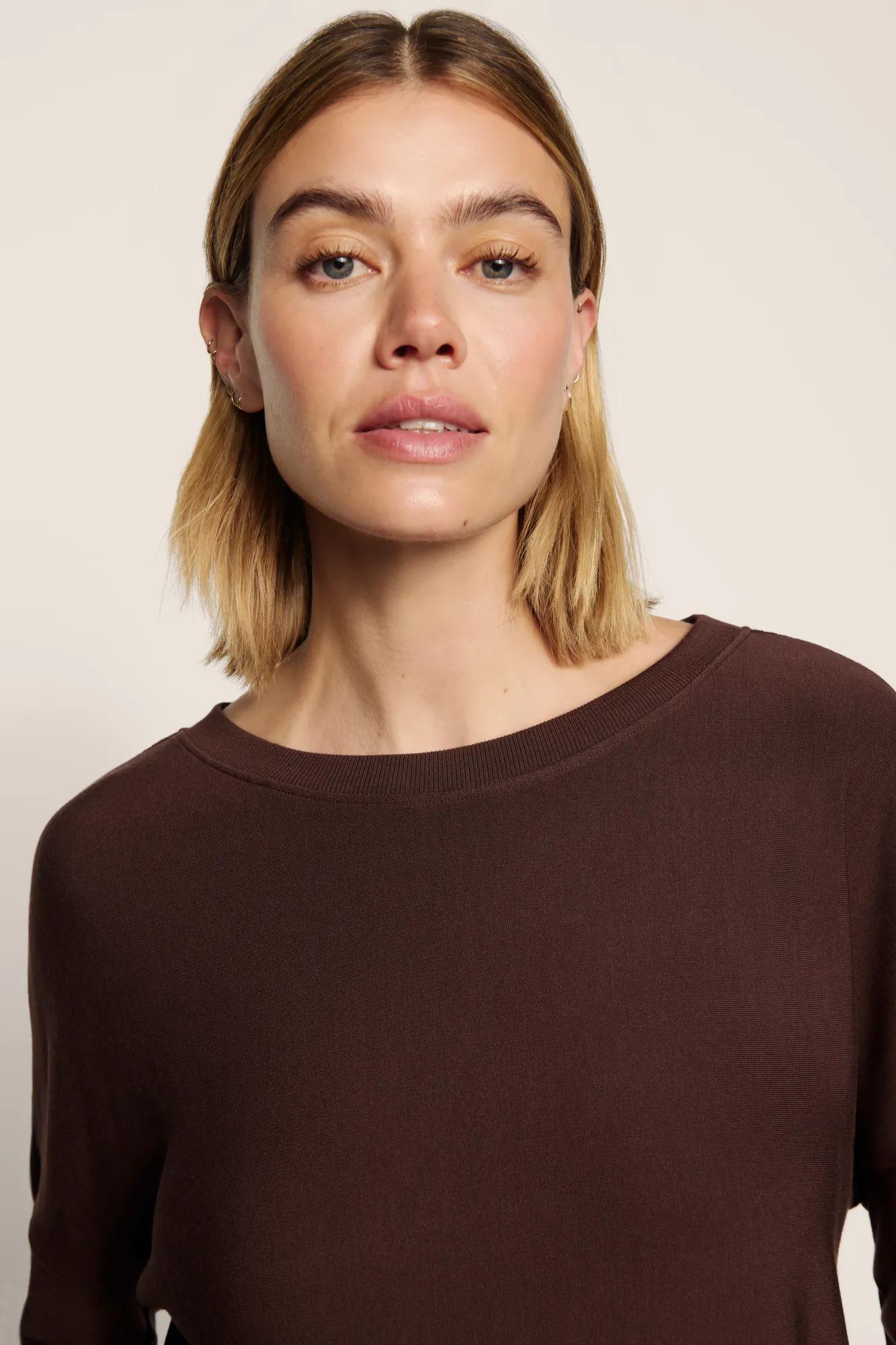 Model is wearing Softest Sweats Boat Neck Pullover in Chocolate