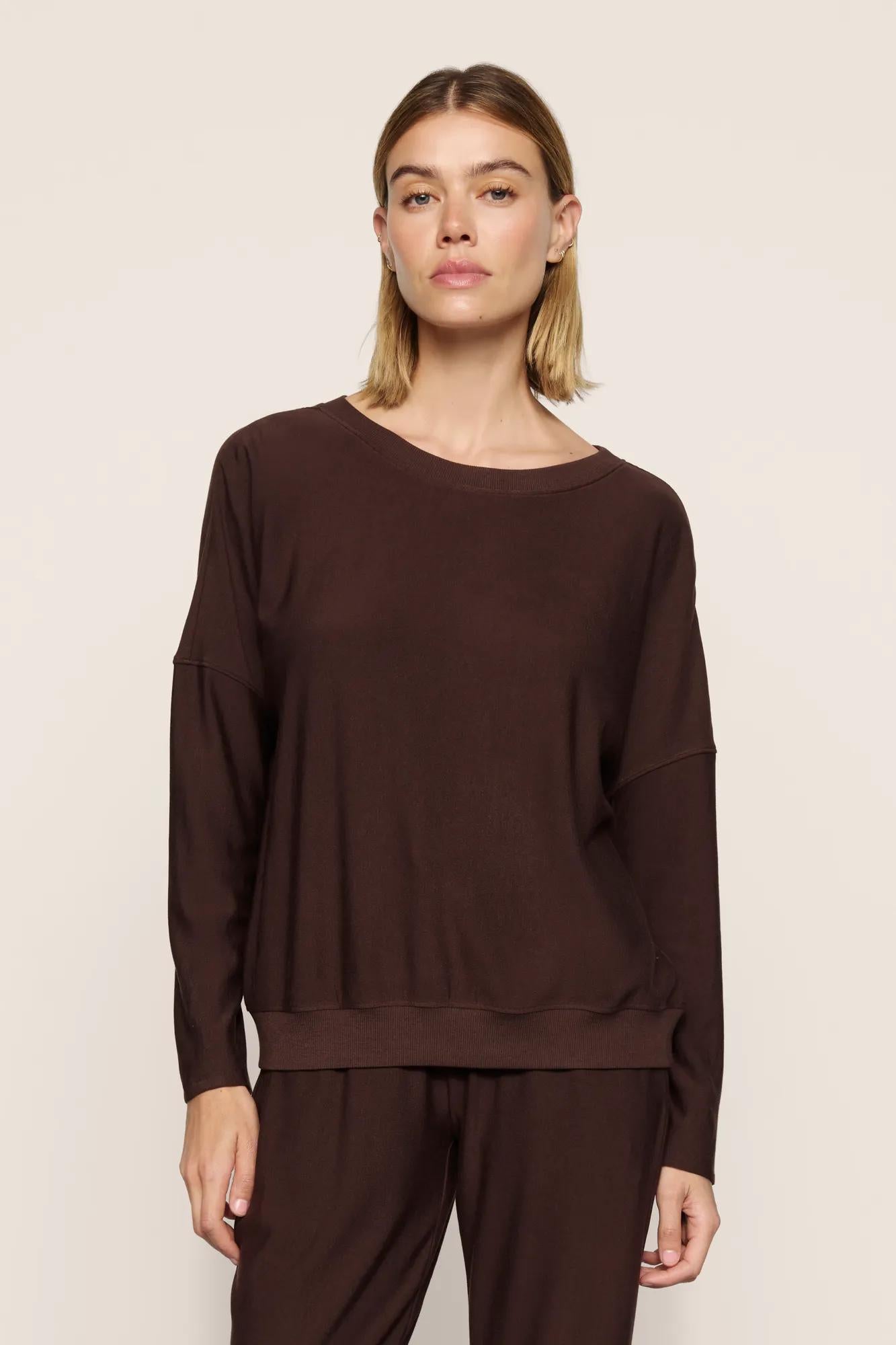 Model is wearing Softest Sweats Boat Neck Pullover in Chocolate
