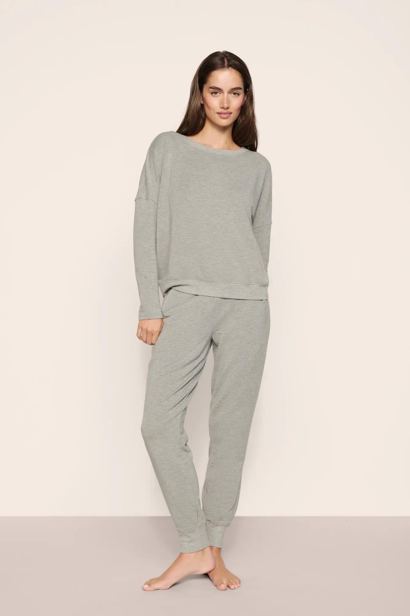 Model is wearing Softest Sweats Boat Neck Pullover in Dark Heather Grey