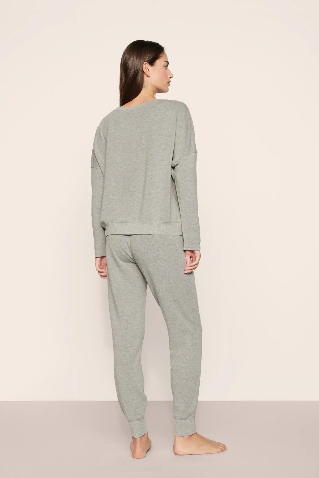 Model is wearing Softest Sweats Boat Neck Pullover in Dark Heather Grey