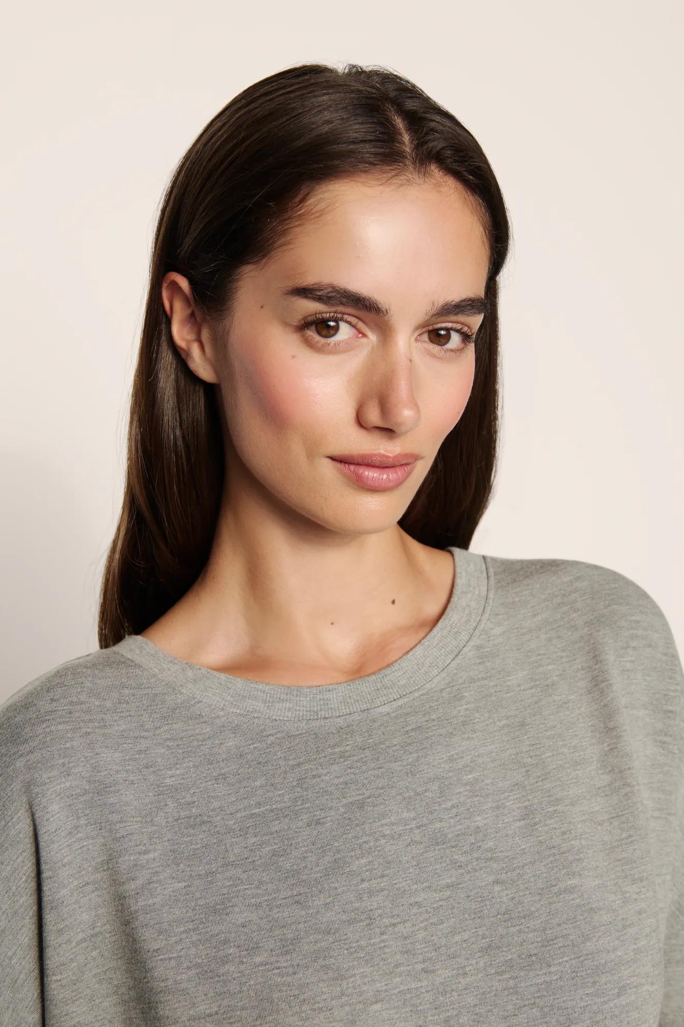 Model is wearing Softest Sweats Boat Neck Pullover in Dark Heather Grey