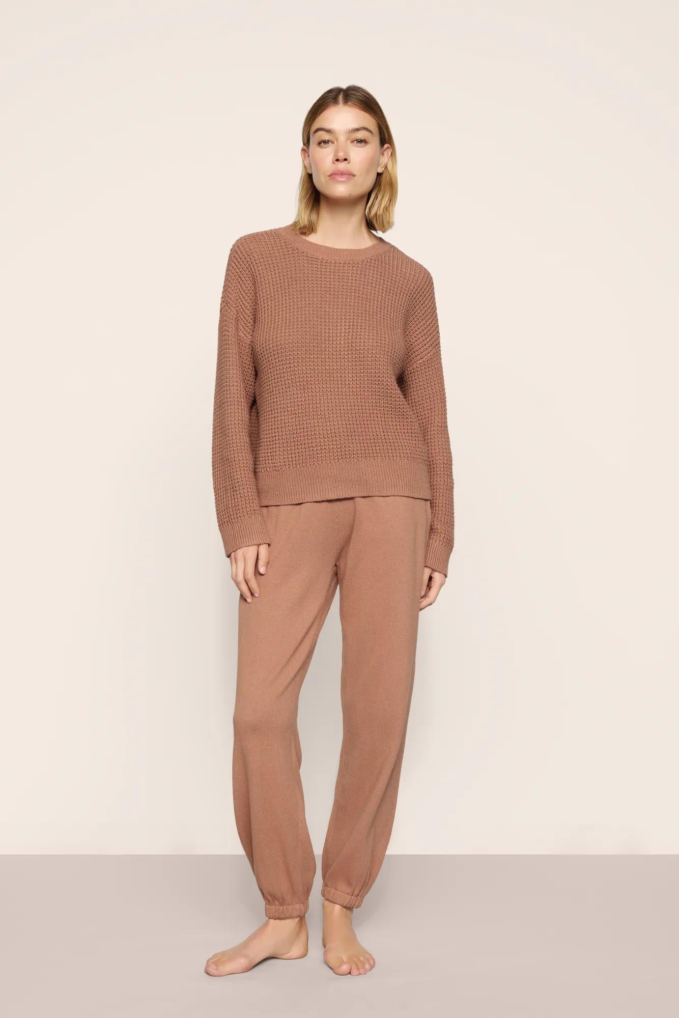 Model is wearing Recycled Sweater Cropped Crew  in  Hazelnut
