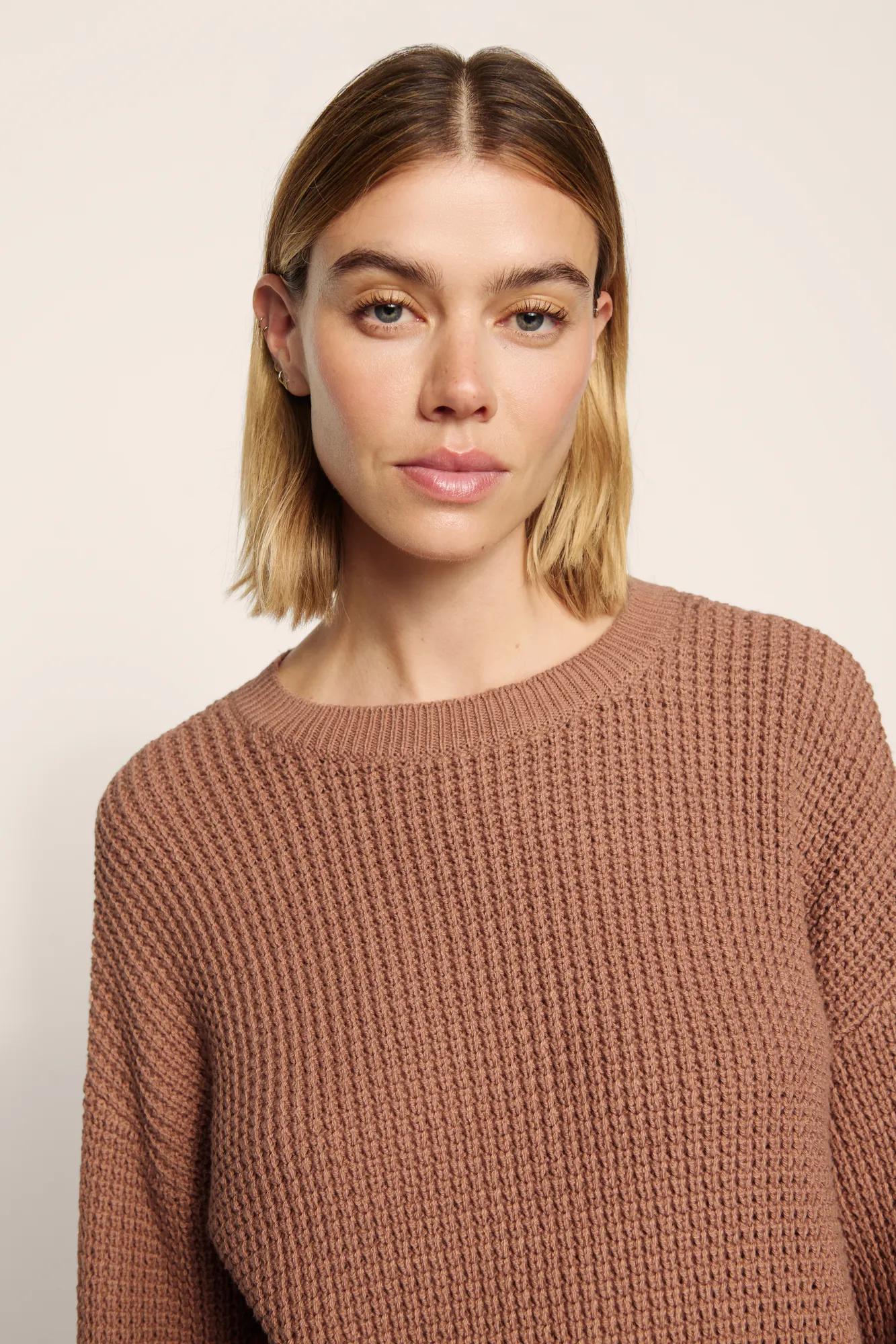 Model is wearing Recycled Sweater Cropped Crew  in  Hazelnut