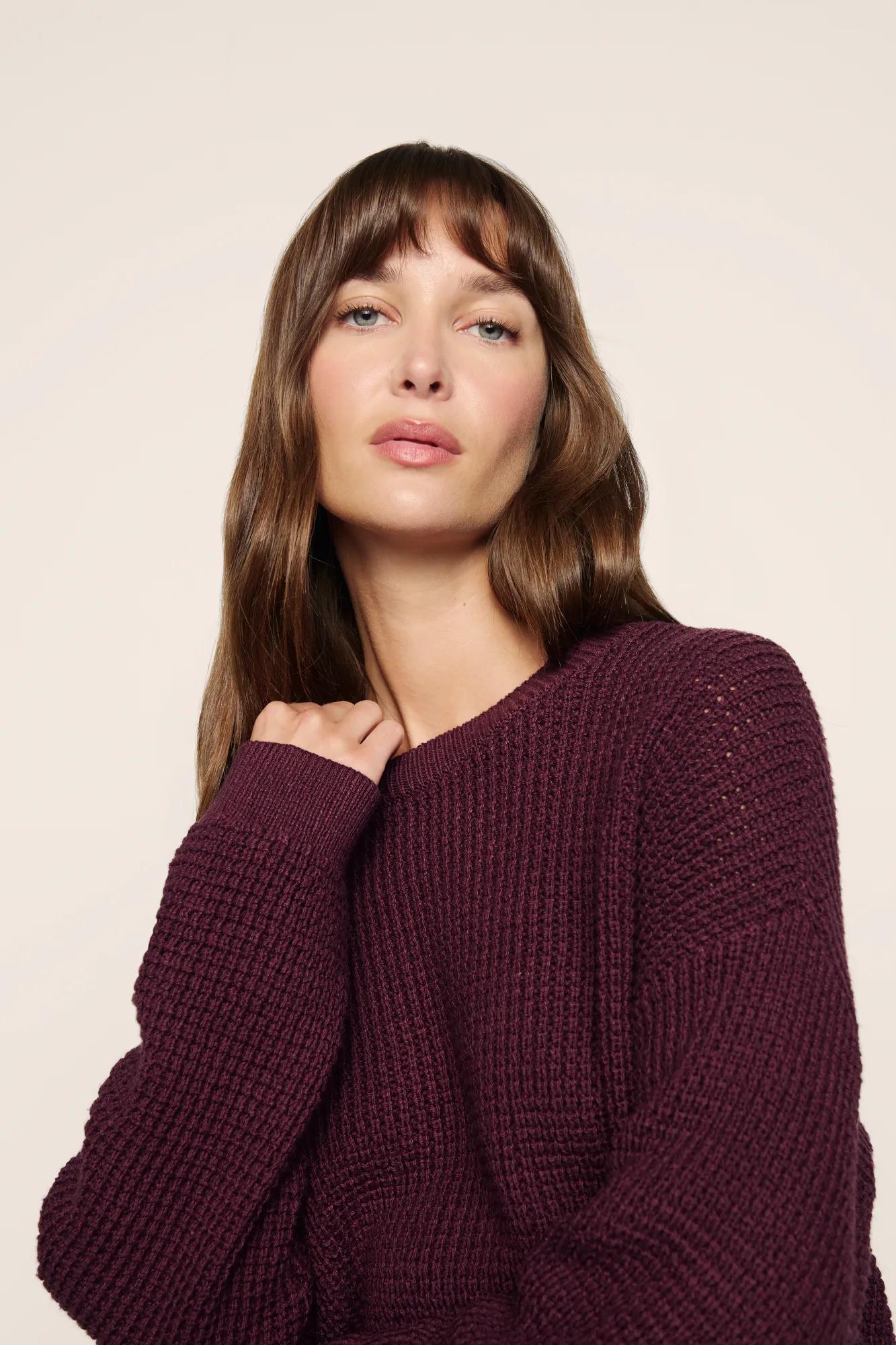 Model is wearing Recycled Sweater Cropped Crew in Wildberry