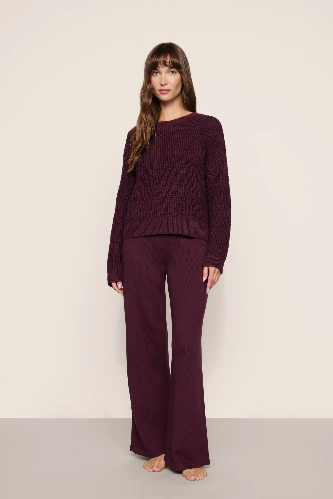Model is wearing Recycled Sweater Cropped Crew in Wildberry