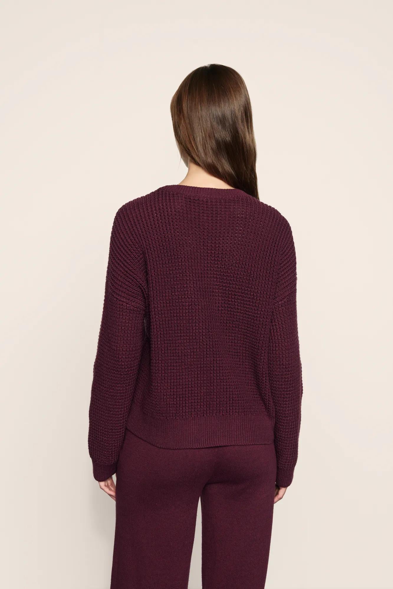 Model is wearing Recycled Sweater Cropped Crew in Wildberry