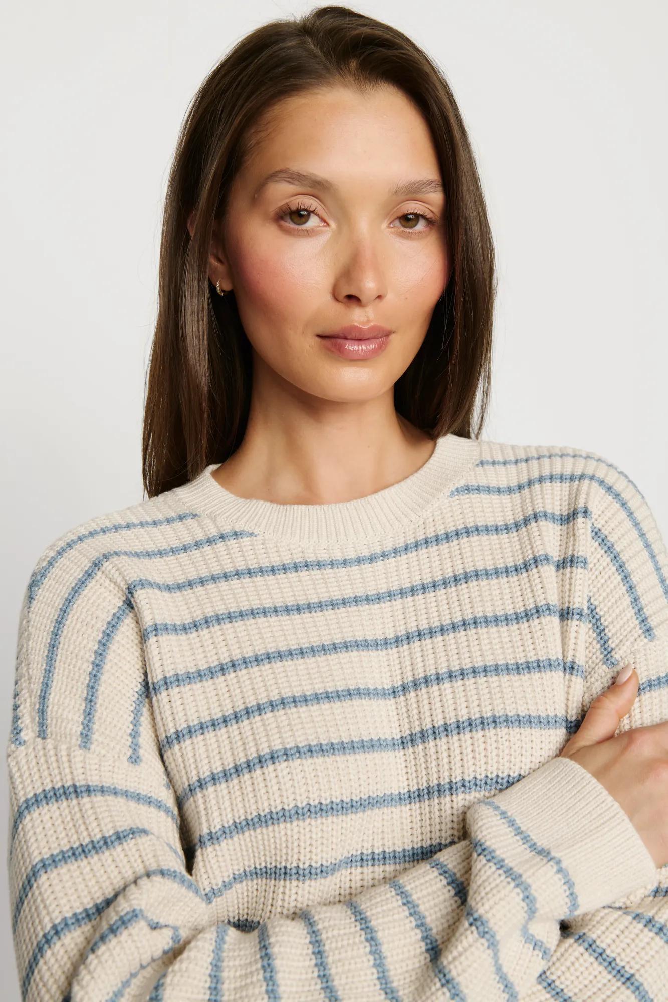 Model is wearing Coastal Cotton Sweater Polo in Regatta Stripe Summer Blue/Whi