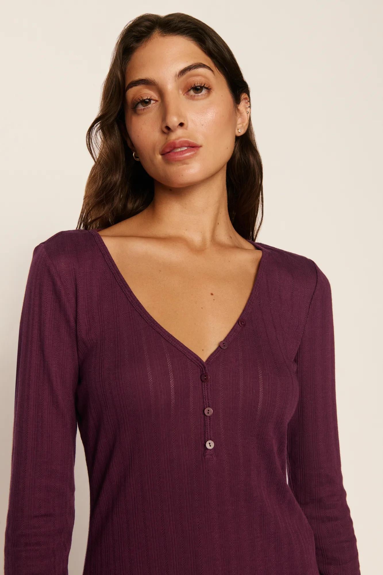 Model is wearing Pointelle V Neck Henley in Wildberry
