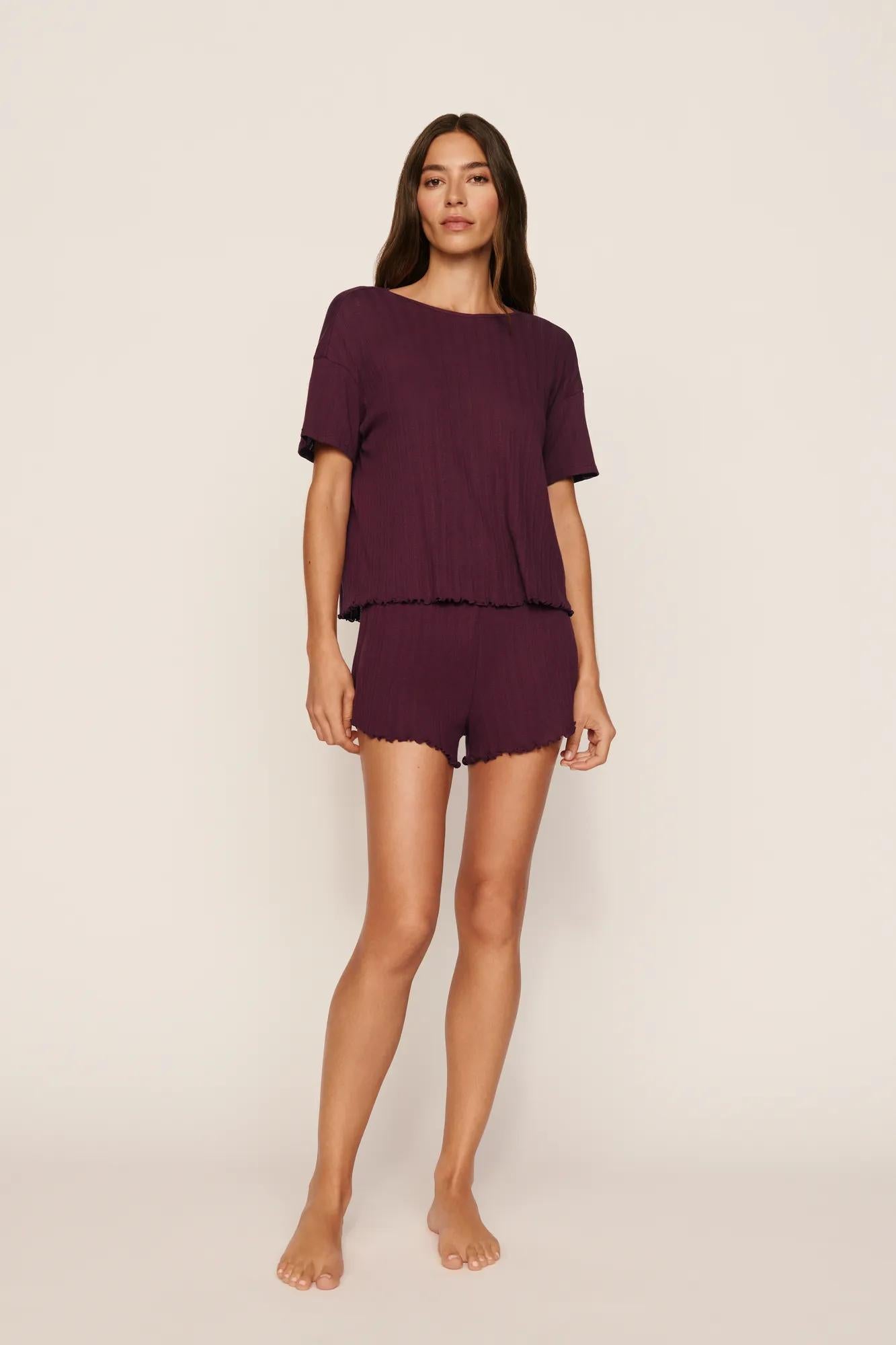 Model is wearing Pointelle Short in Wildberry