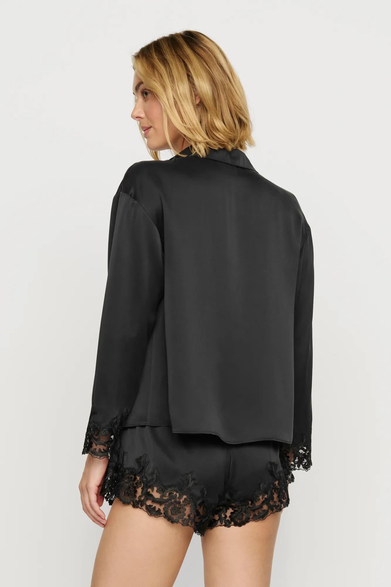 Model is wearing Washable Silk with Lace Embroidery Long Sleeve Top & Short PJ Set in Black
