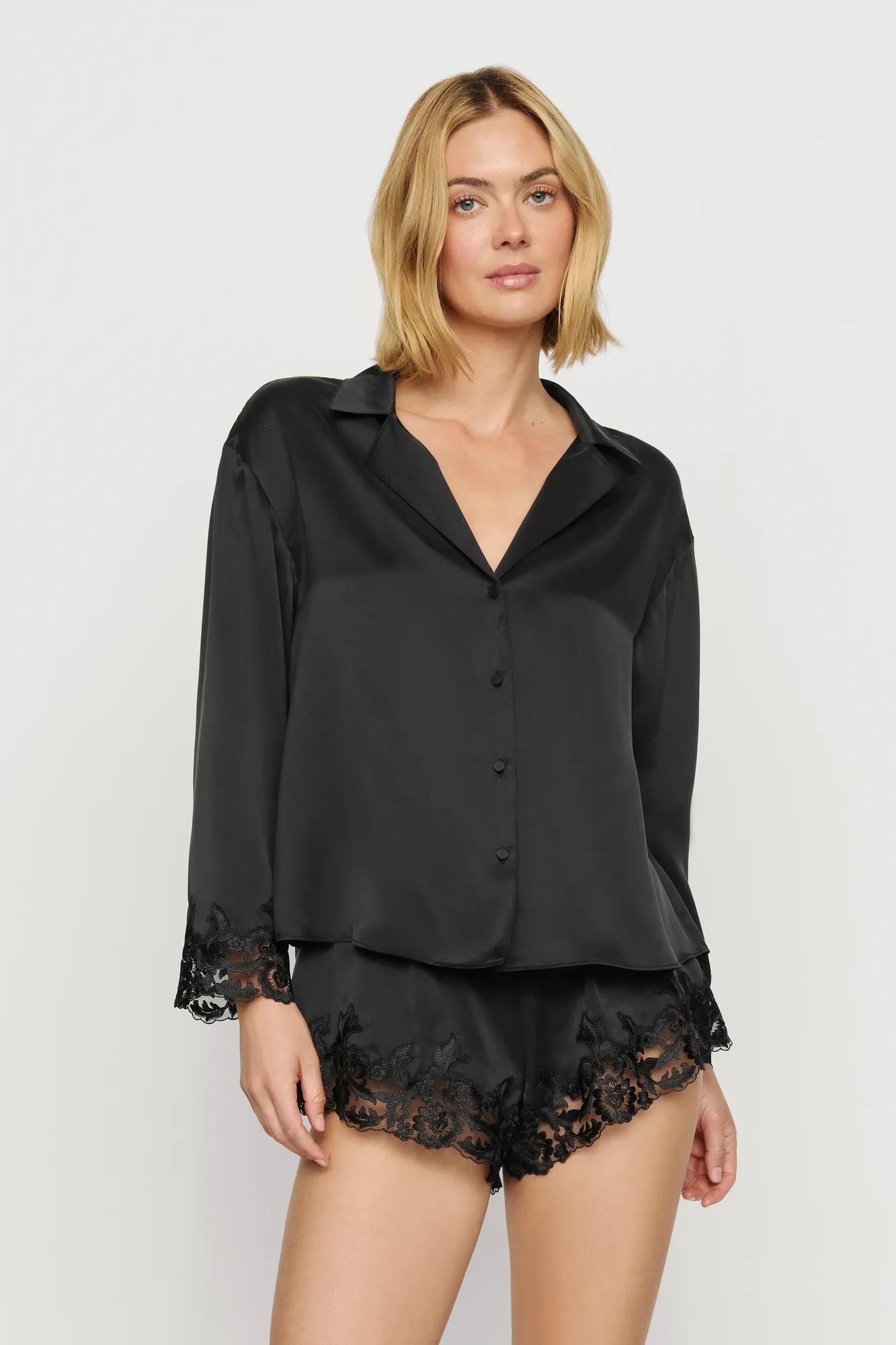 Model is wearing Washable Silk with Lace Embroidery Long Sleeve Top & Short PJ Set in Black