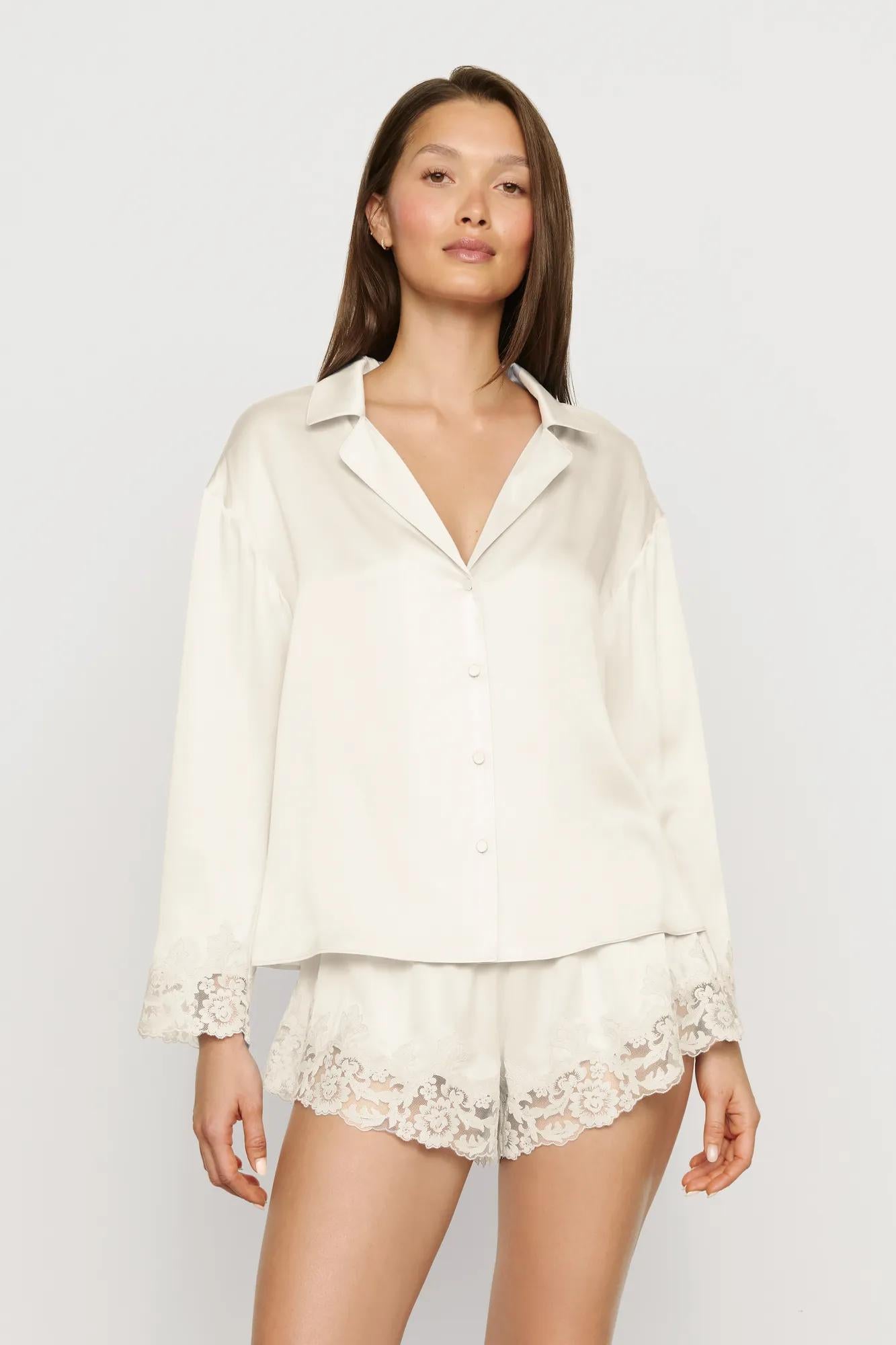 Model is wearing Washable Silk with Lace Embroidery Long Sleeve Top & Short PJ Set in Ivory