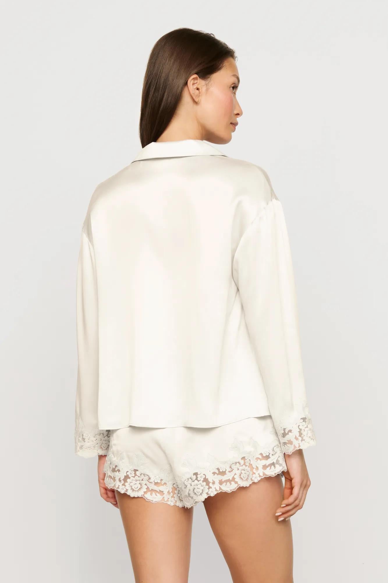 Model is wearing Washable Silk with Lace Embroidery Long Sleeve Top & Short PJ Set in Ivory