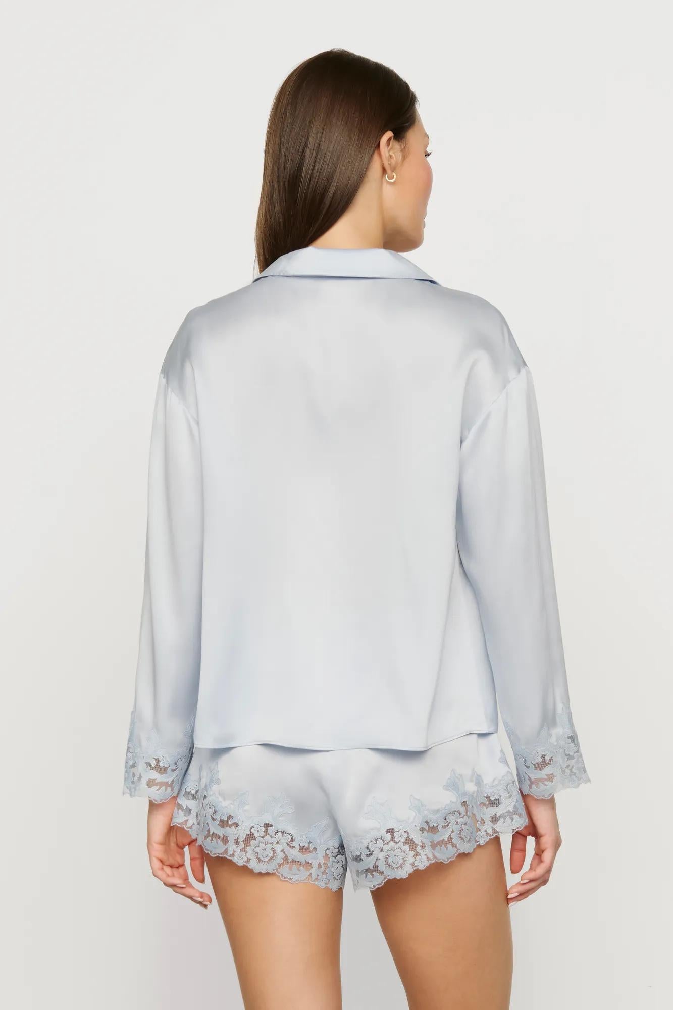 Model is wearing Washable Silk with Lace Embroidery Long Sleeve Top & Short PJ Set in Powder Blue