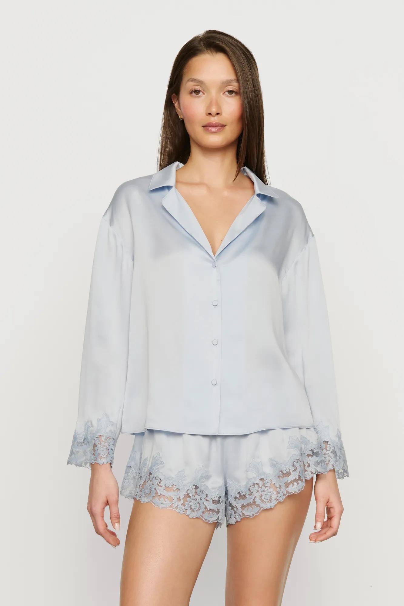 Model is wearing Washable Silk with Lace Embroidery Long Sleeve Top & Short PJ Set in Powder Blue