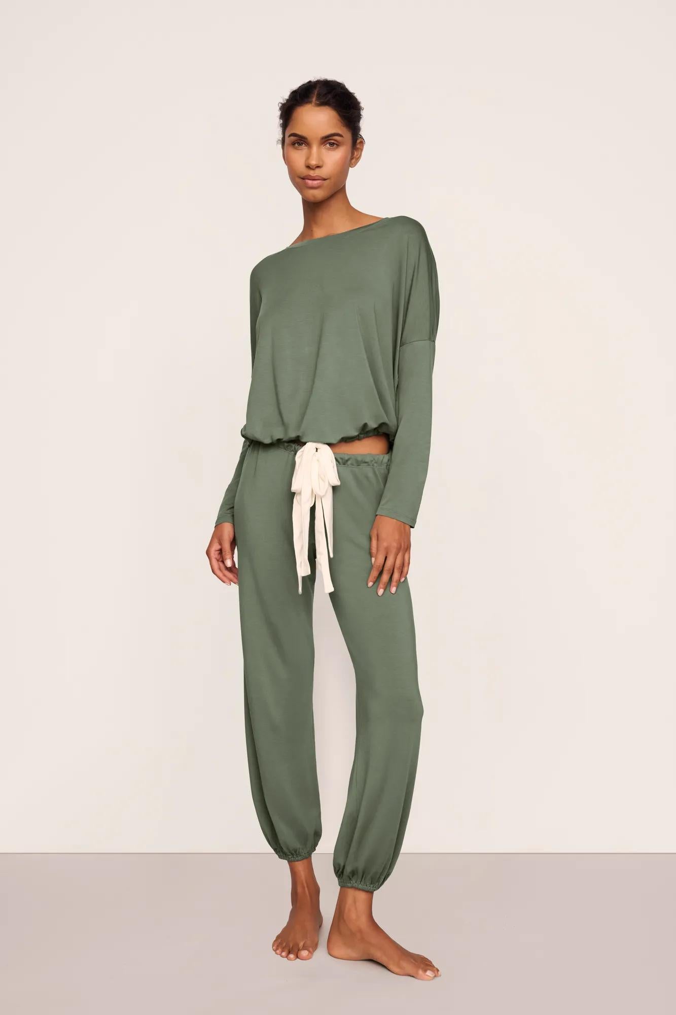 Model is wearing Gisele TENCEL™ Modal Slouchy PJ Set  in  Desert Sage/Ivory