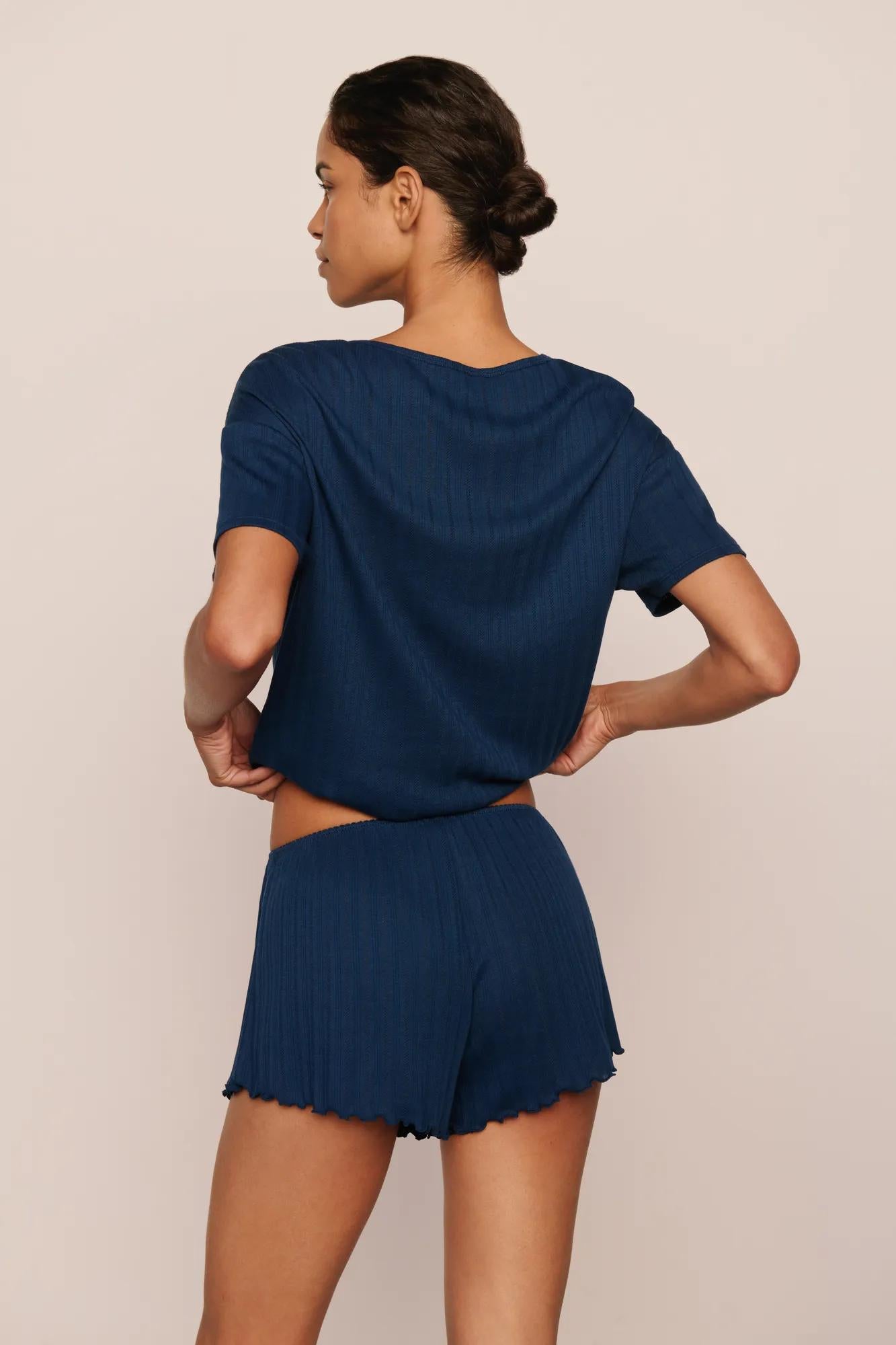 Model is wearing Pointelle Short  in Navy