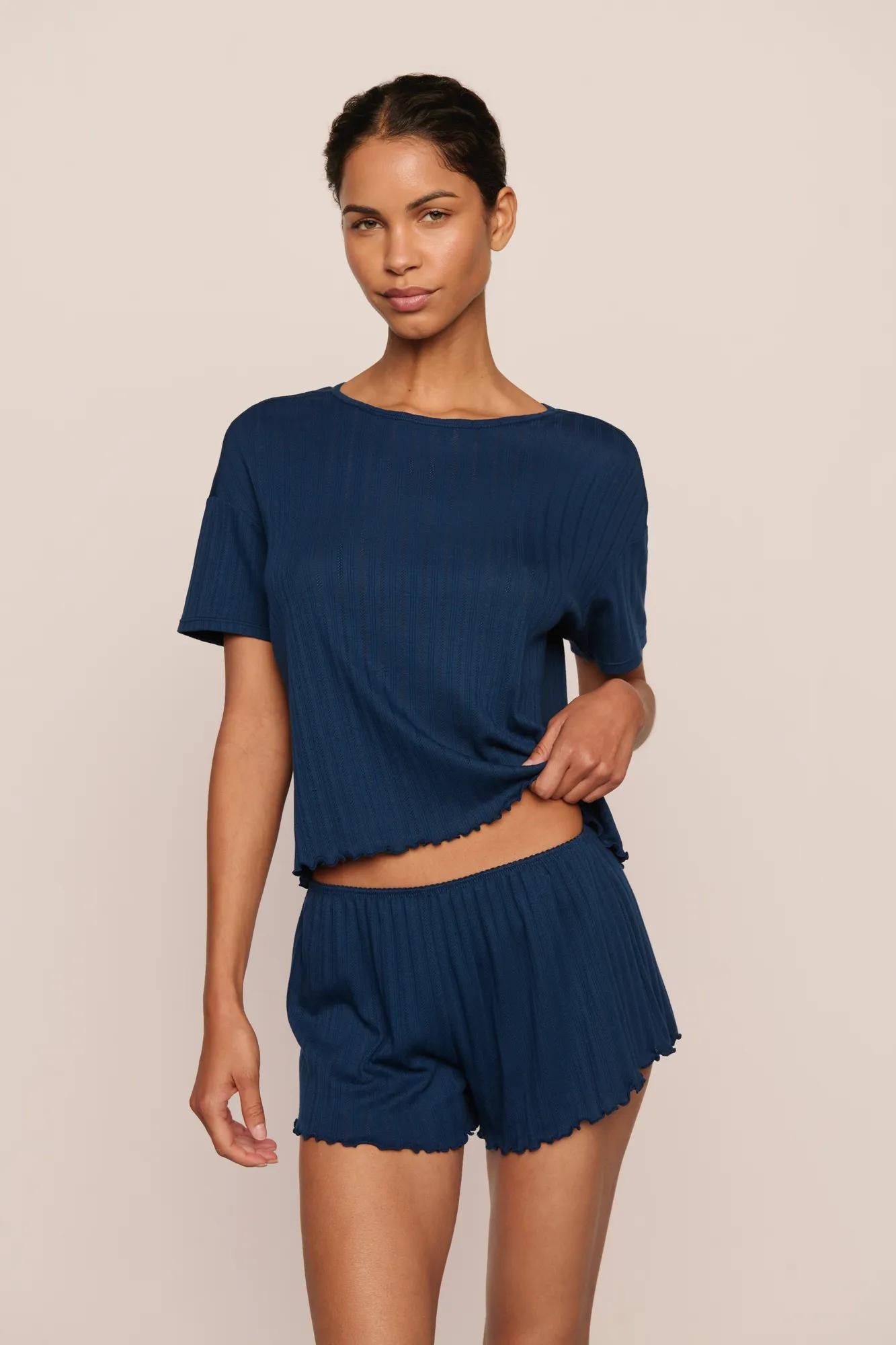 Model is wearing Pointelle Short  in Navy