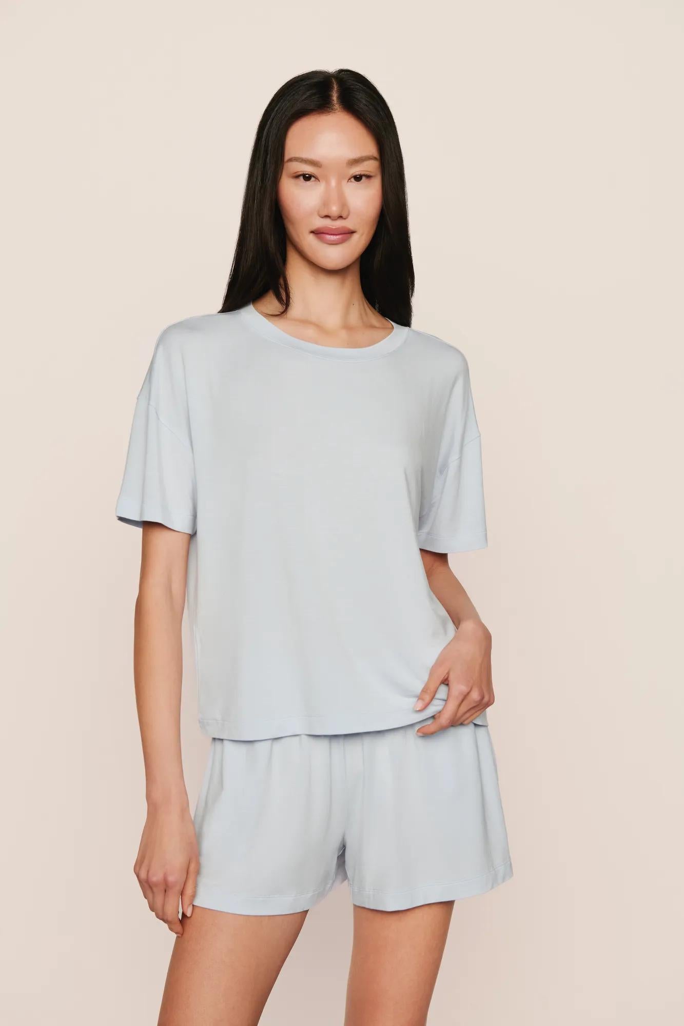 Model is wearing Gisele TENCEL™ Modal Everyday Relaxed Short  in Ice Blue