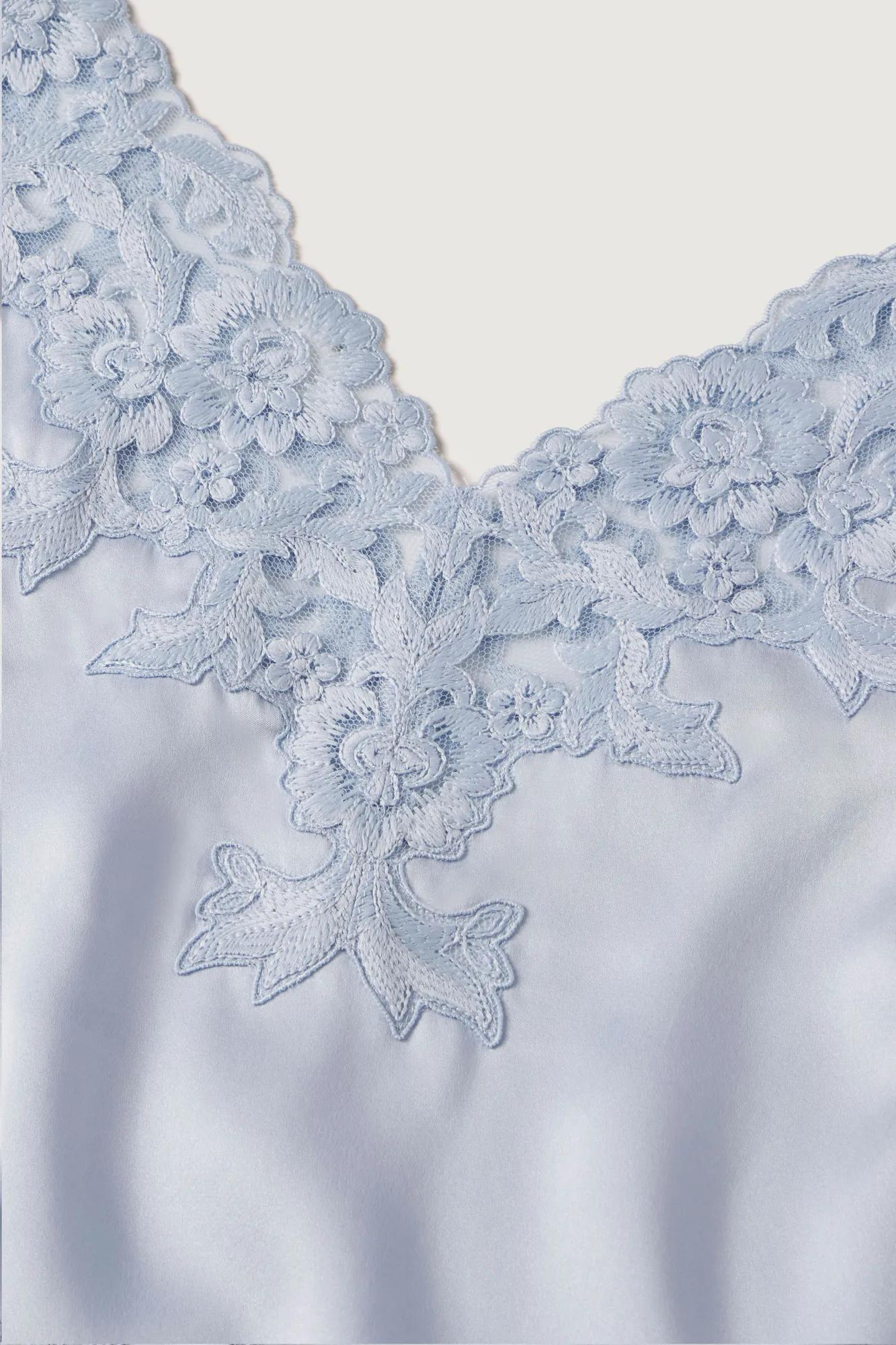 Model is wearing Washable Silk with Lace Embroidery Cami & Pant PJ Set in Powder Blue