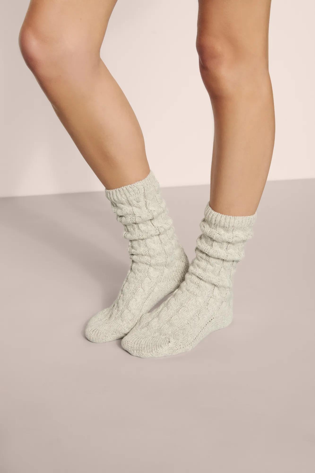 Model is wearing Cozy Socks in Lt. Heather Grey
