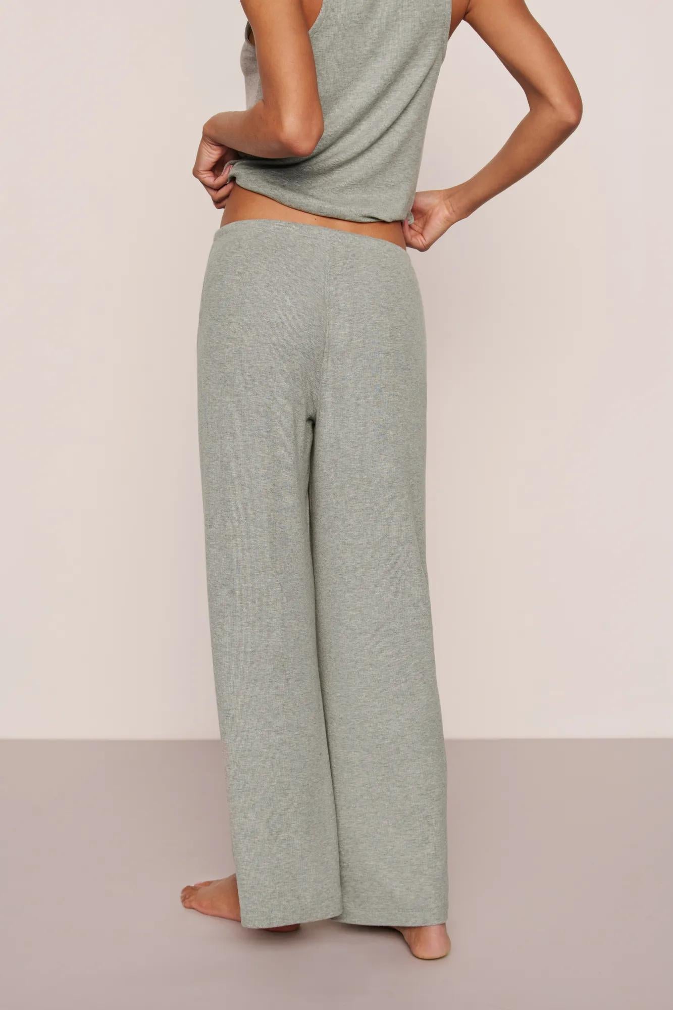 Model is wearing Dream Rib Wide Leg Pant in Dark Heather Grey