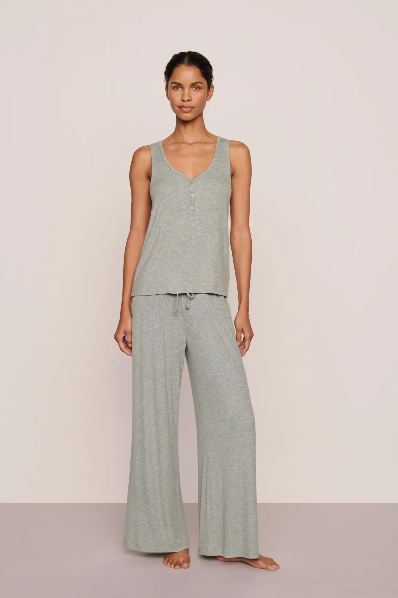 Model is wearing Dream Rib Wide Leg Pant in Dark Heather Grey