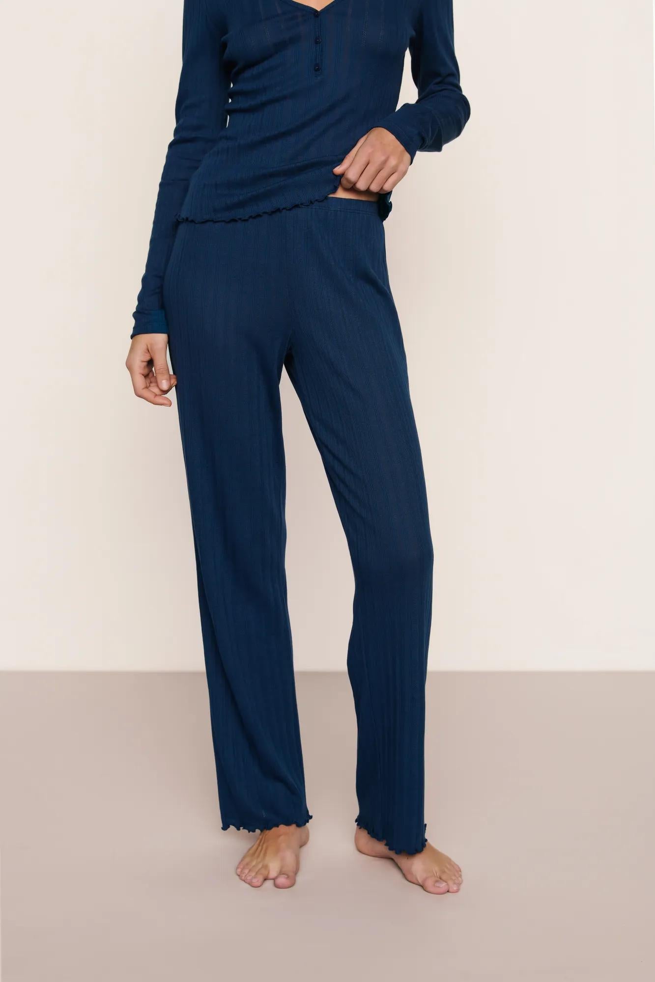 Model is wearing Pointelle Pant  in Navy