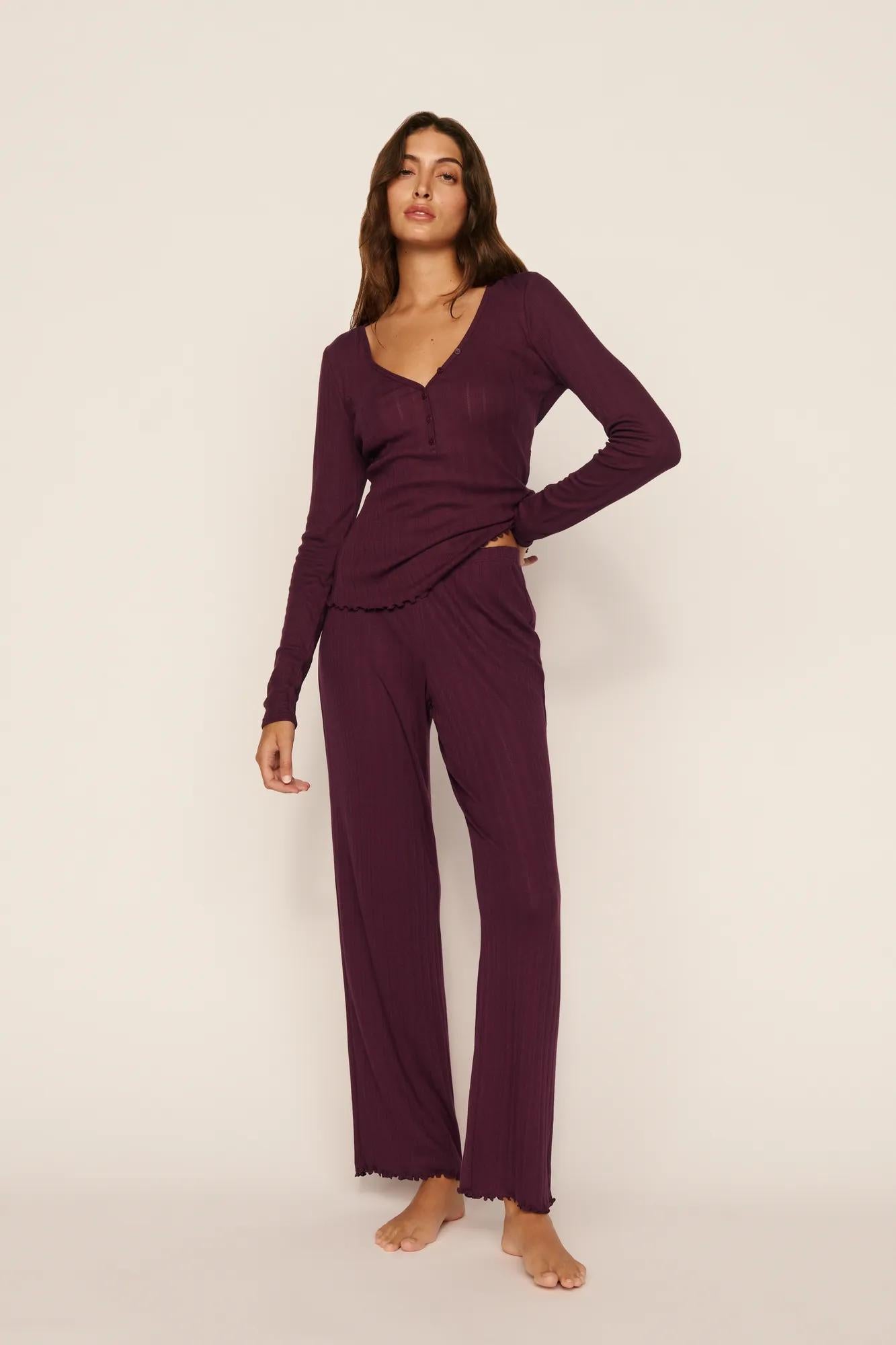 Model is wearing Pointelle Pant in Wildberry