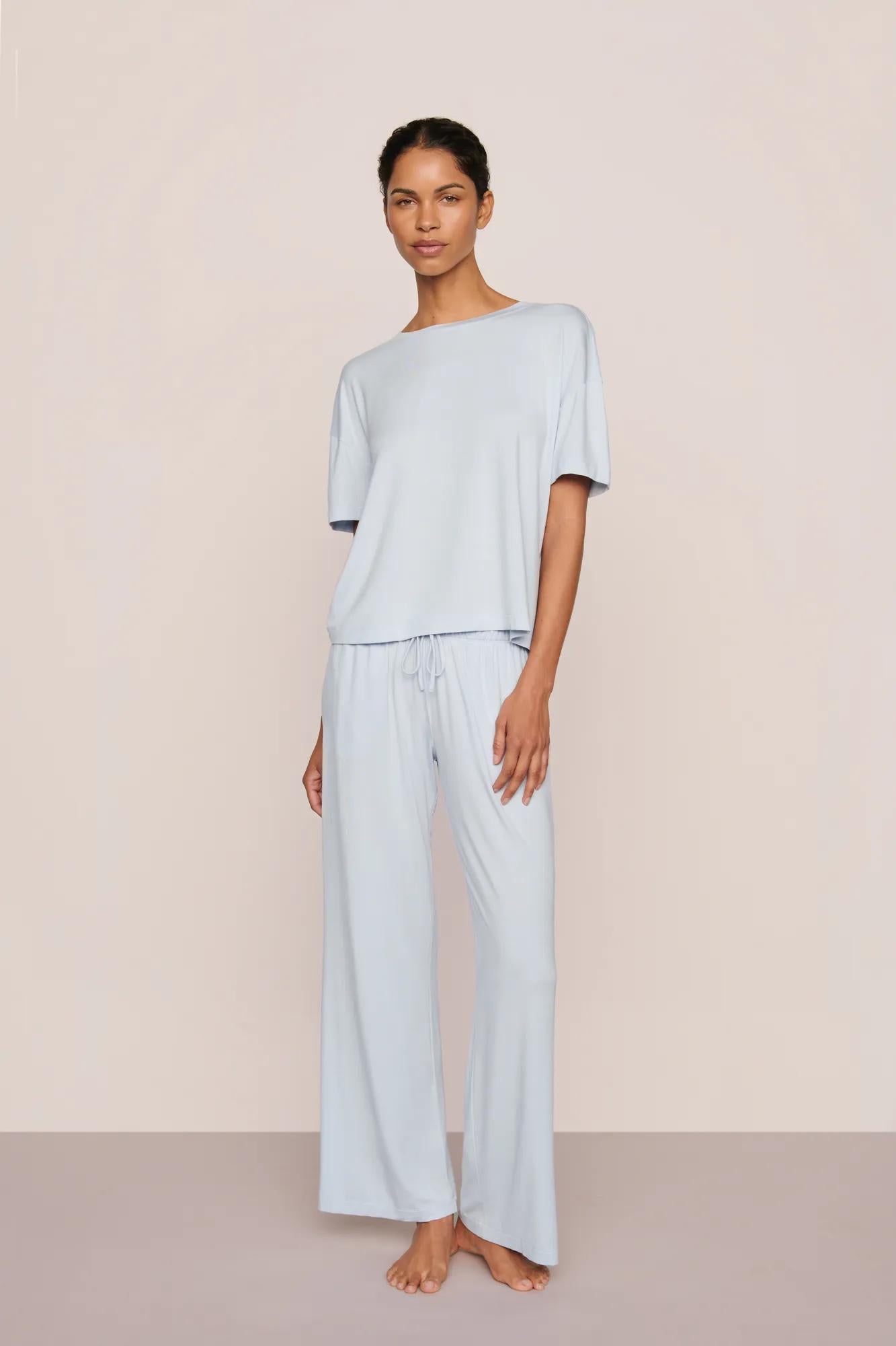 Model is wearing Gisele TENCEL™ Modal Everyday Straight Leg Pant  in Ice Blue