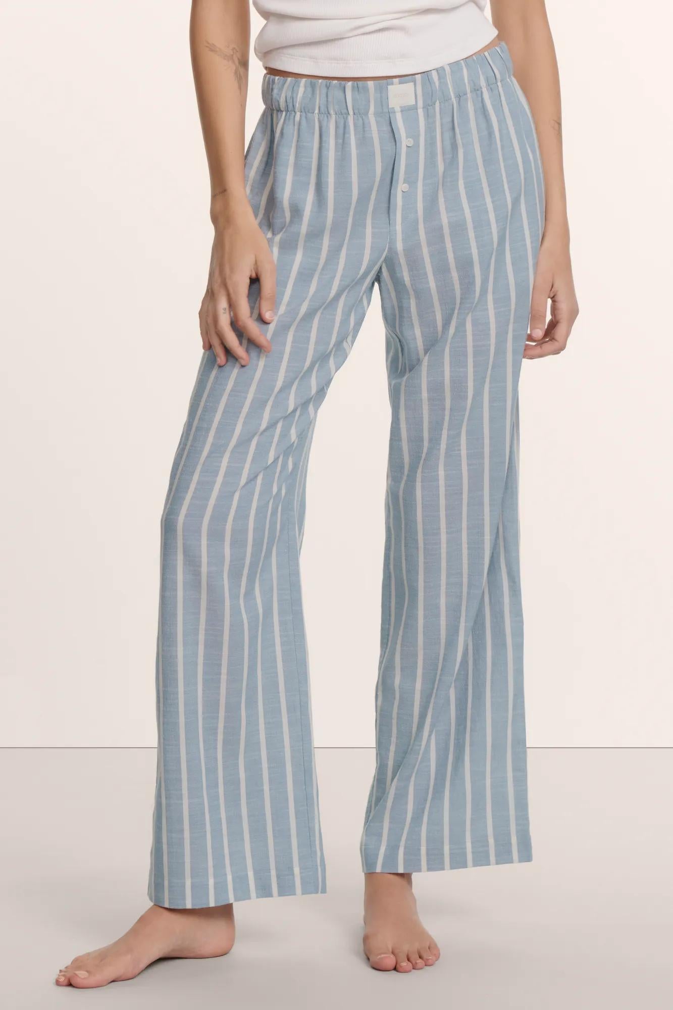 Model is wearing Nautico Boxer Pant in Classic Stripe Slate Blue/Ivor