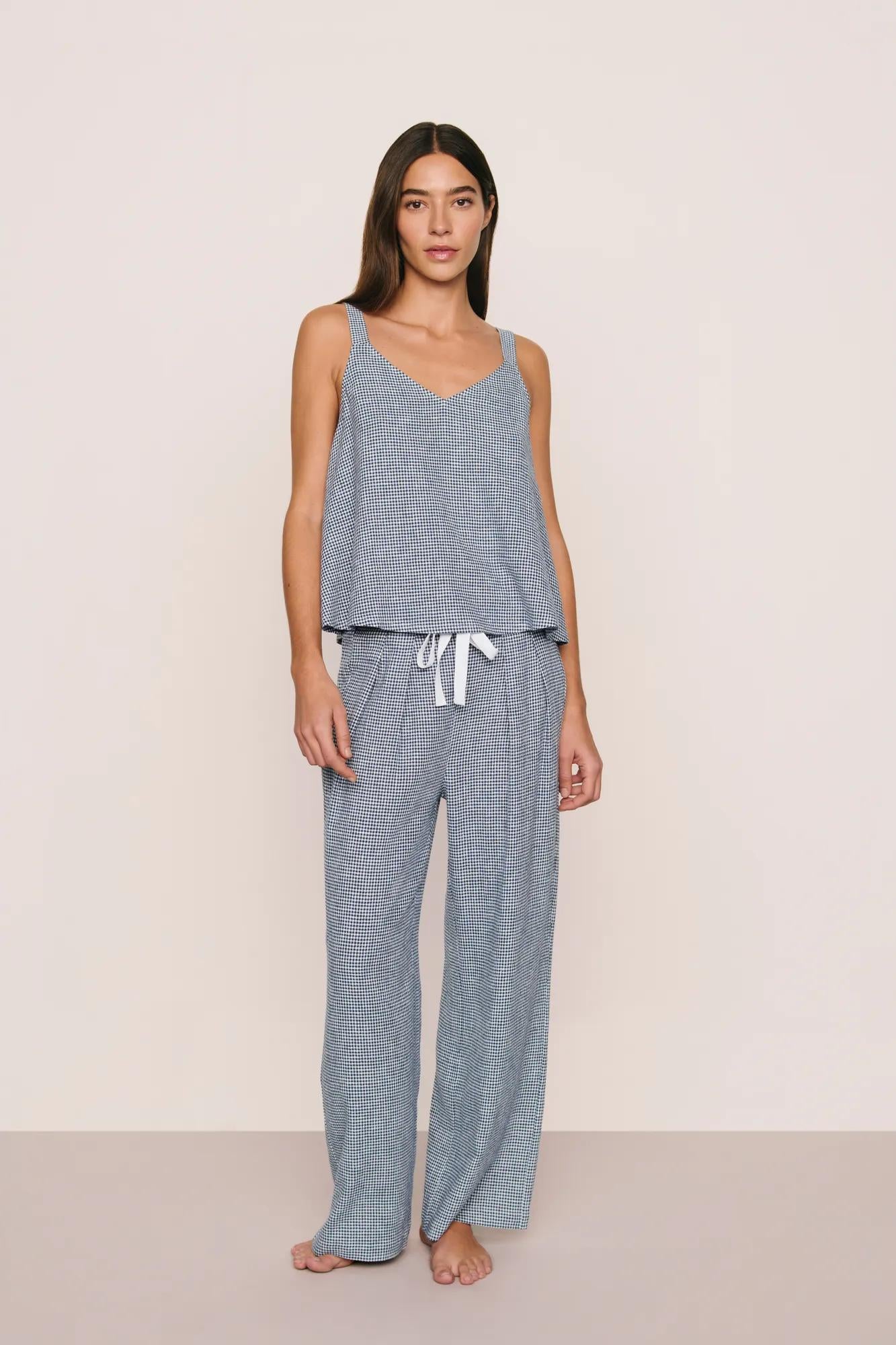 Model is wearing Linen Blend Relaxed Pant in Gingham White/Navy
