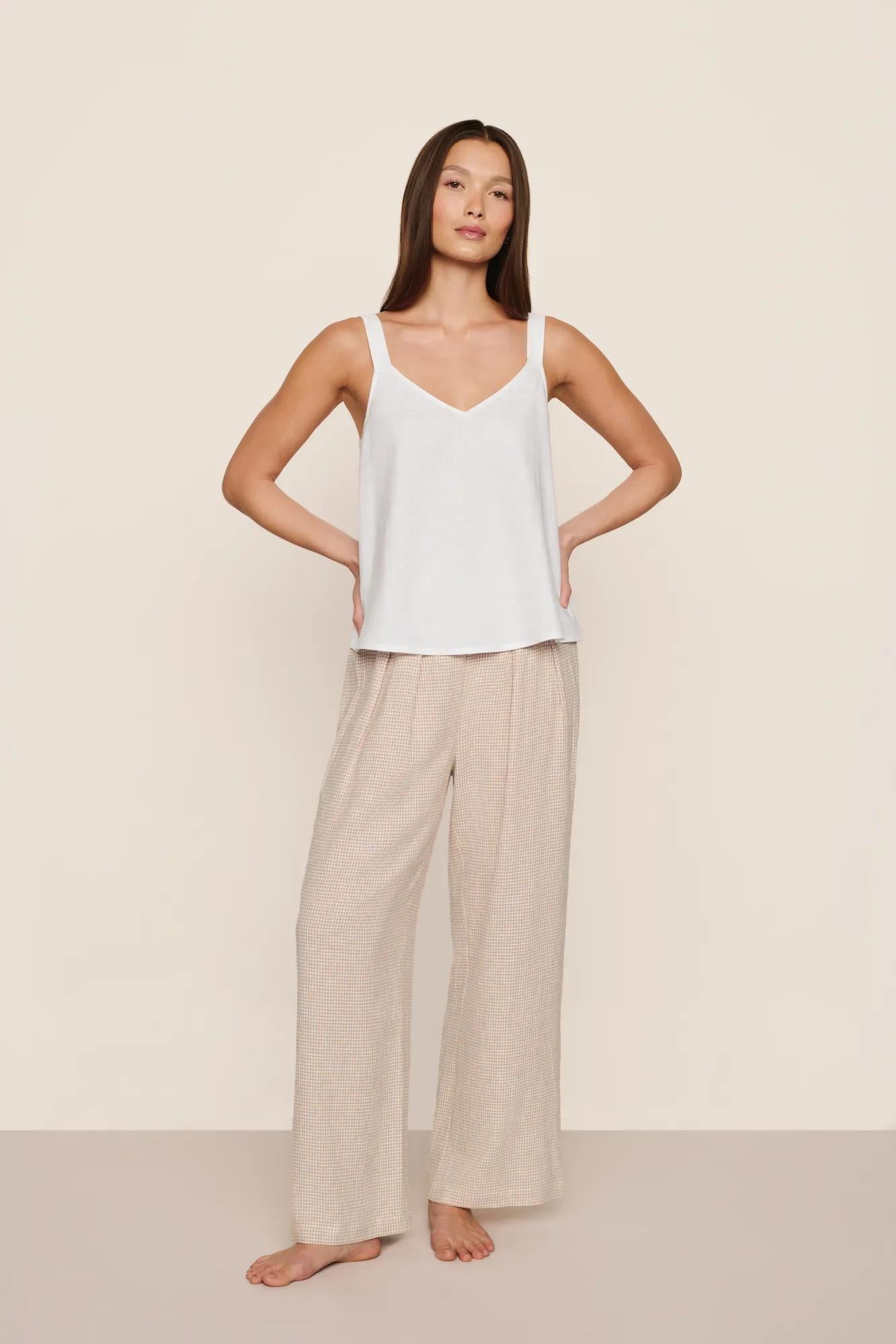 Model is wearing Linen Blend Relaxed Pant in Gingham White/Warm Taupe